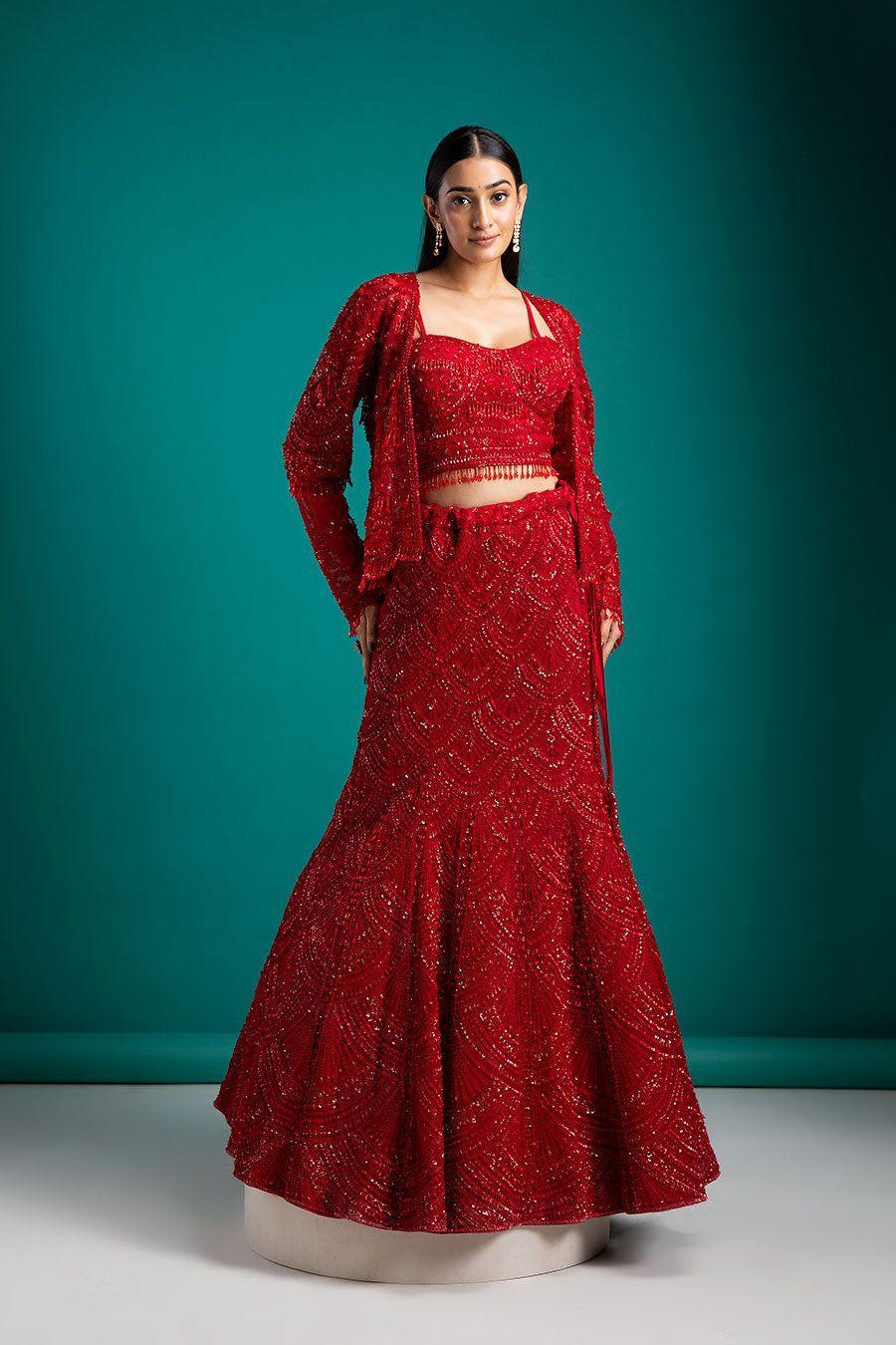 Bold Red Sequined Lehenga Set - Mokshaa