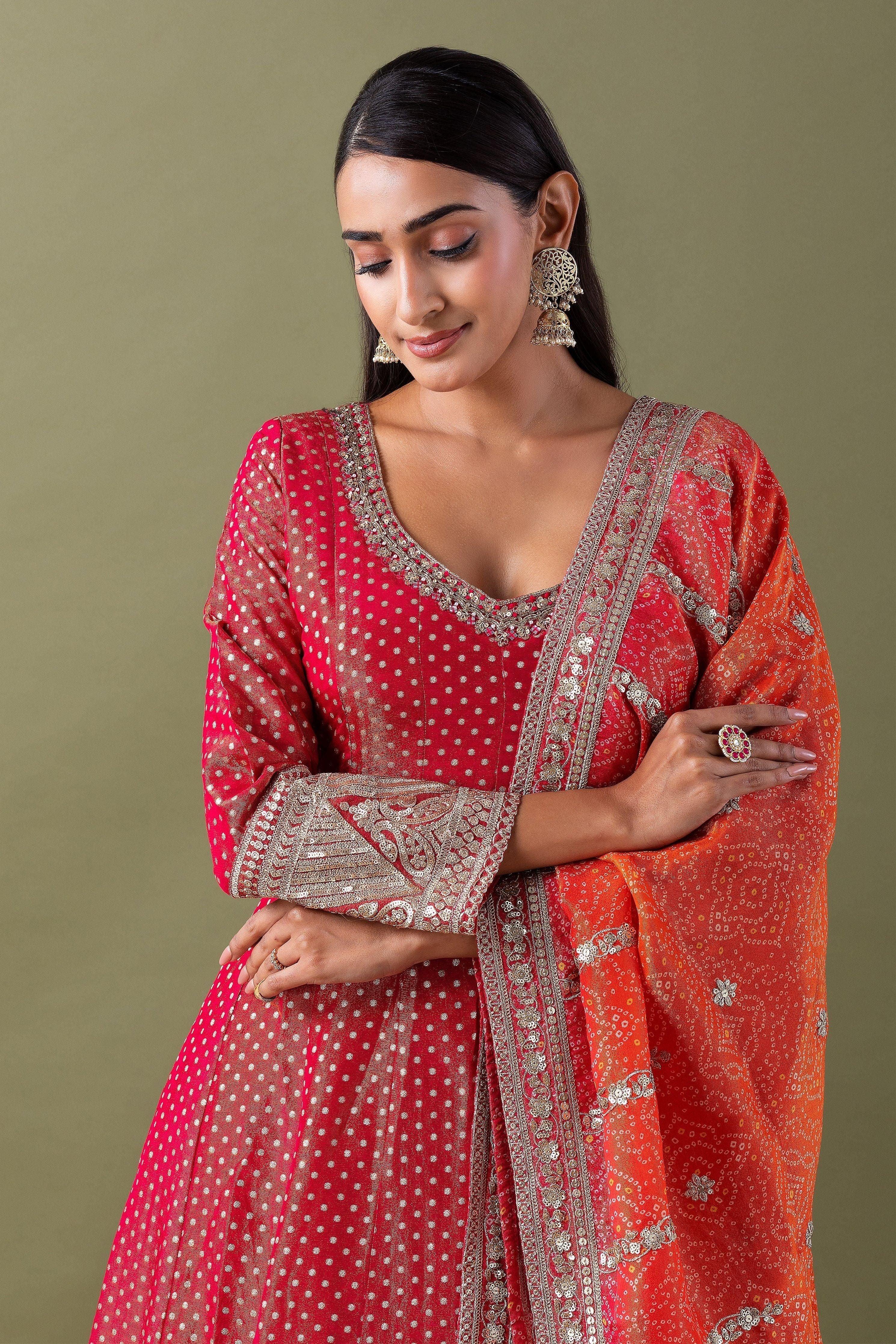 Red Bandhani Anarkali Set With Dupatta - Mokshaa