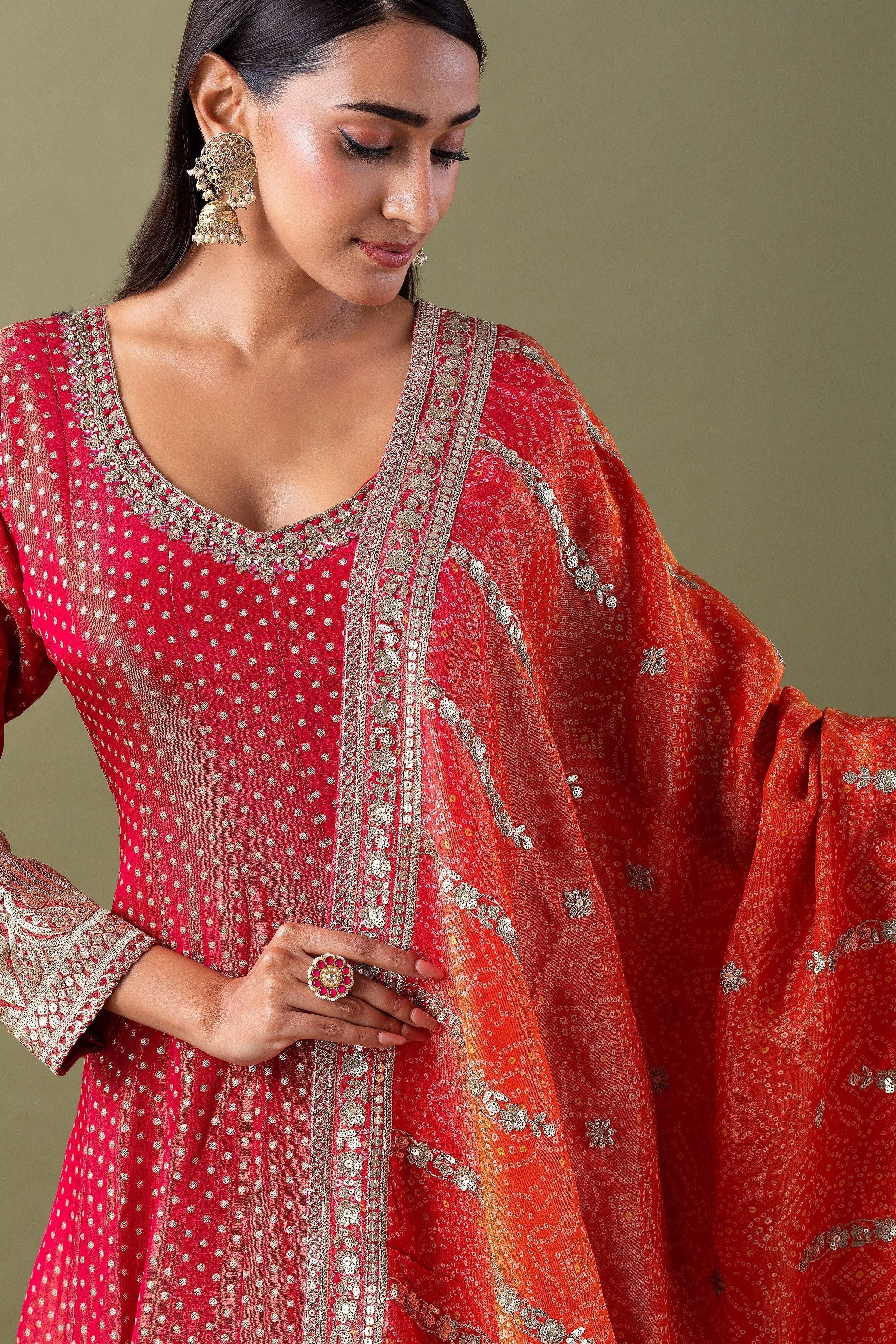 Red Bandhani Anarkali Set With Dupatta - Mokshaa