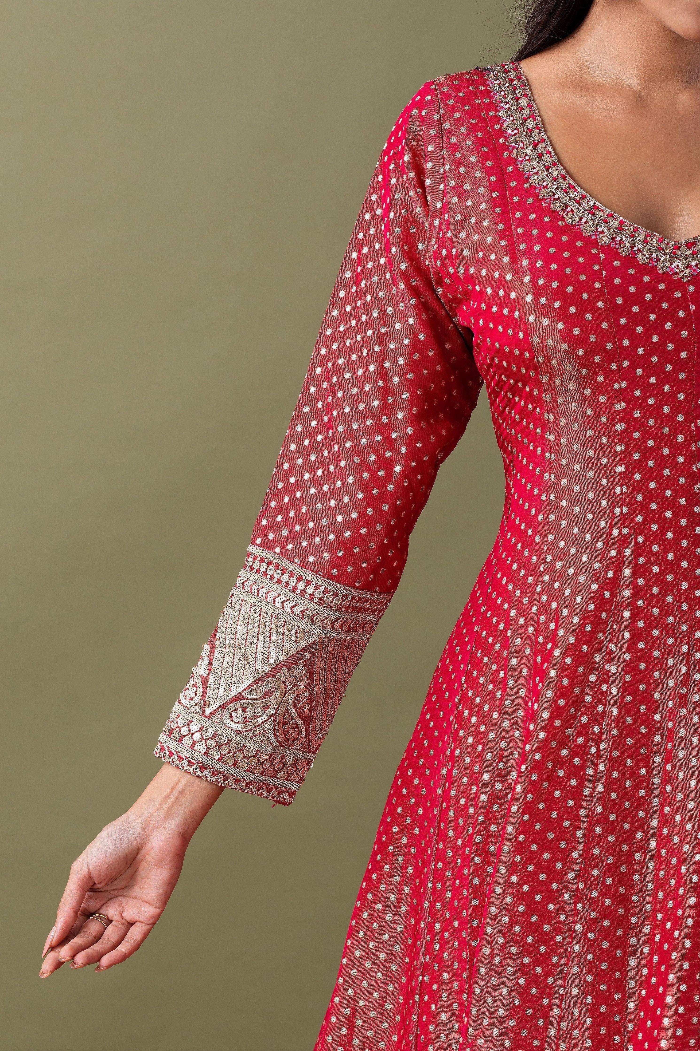 Red Bandhani Anarkali Set With Dupatta - Mokshaa