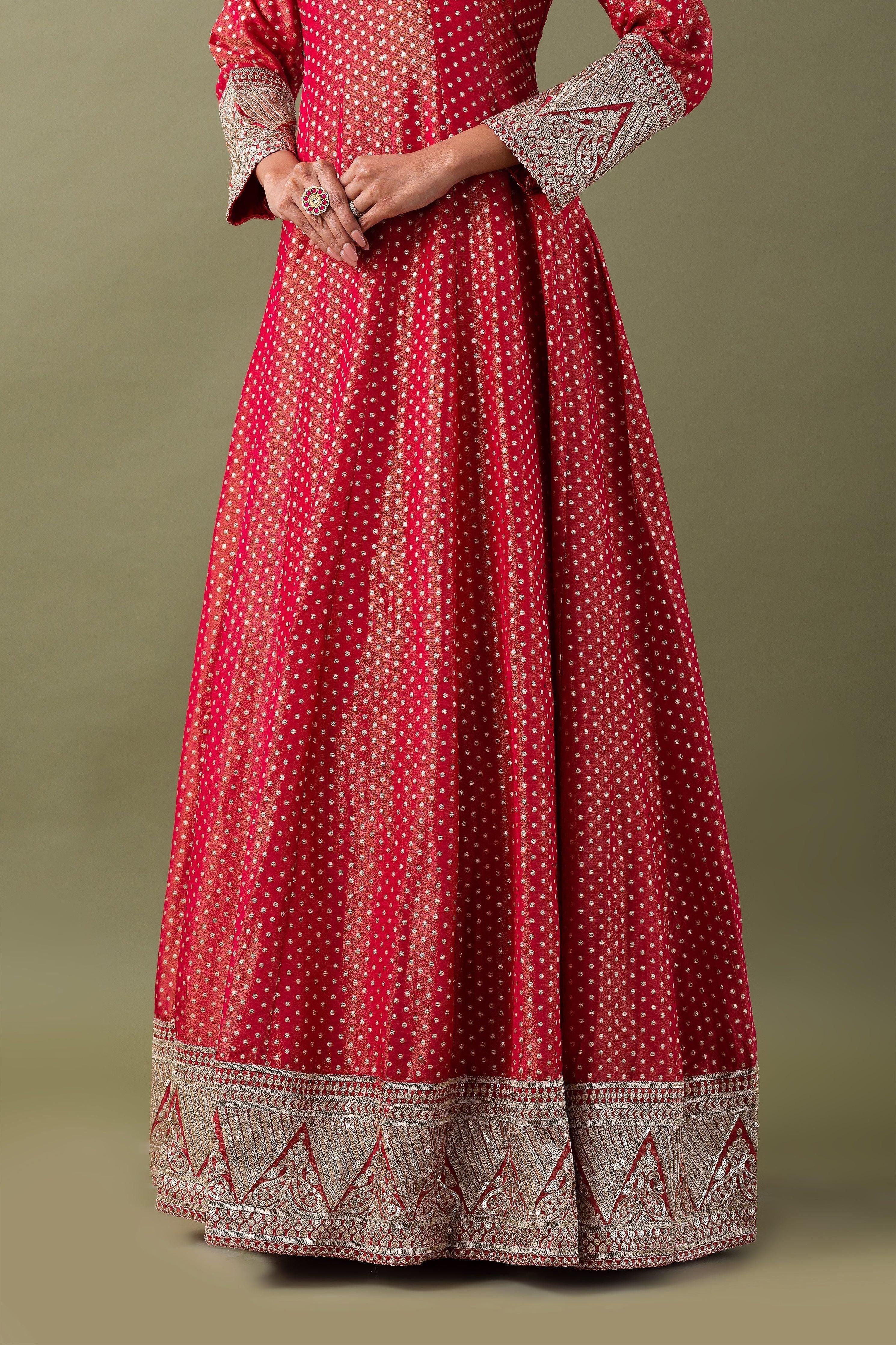 Red Bandhani Anarkali Set With Dupatta - Mokshaa