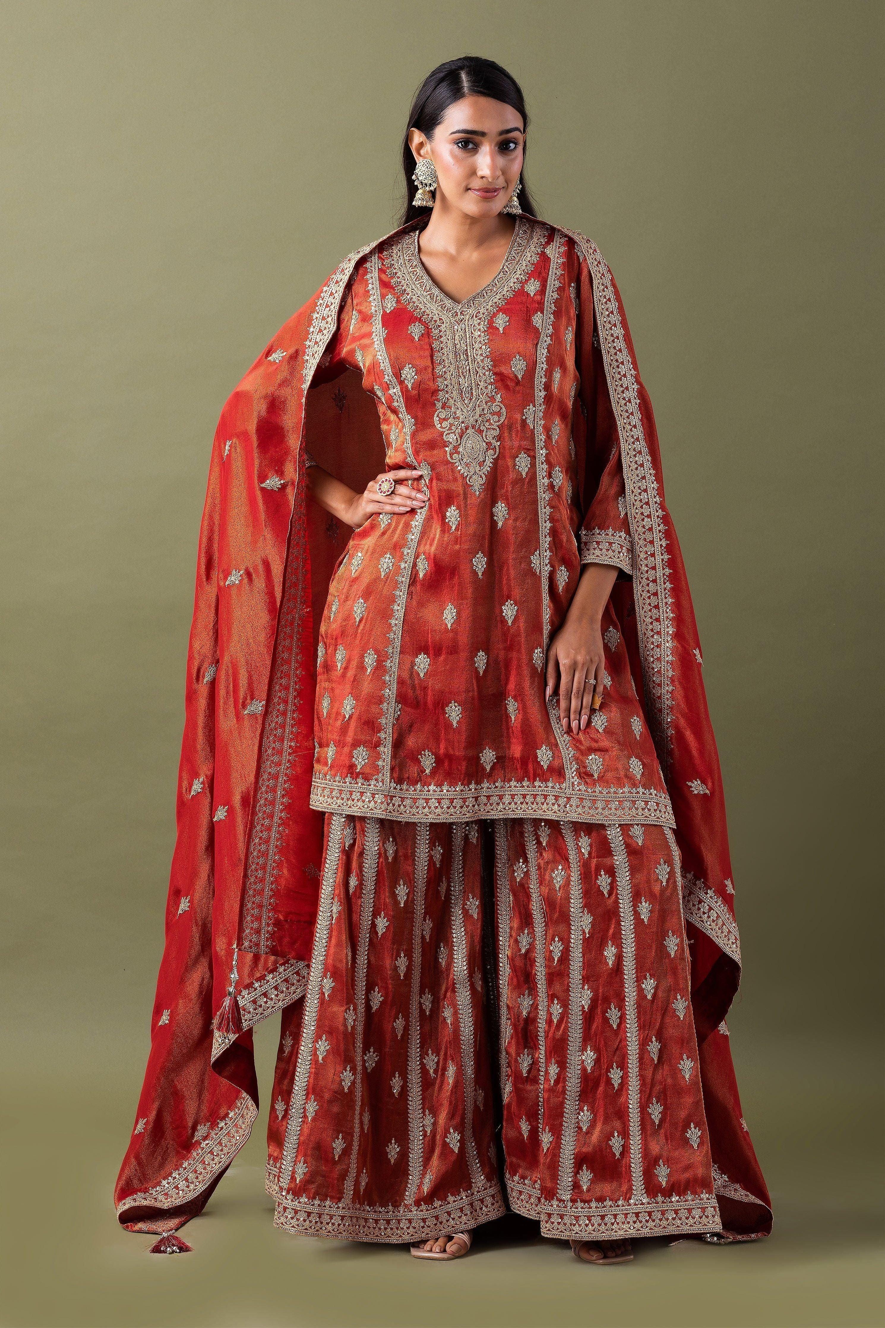 Rust Zari Embroidered Kurta Set - Mokshaa