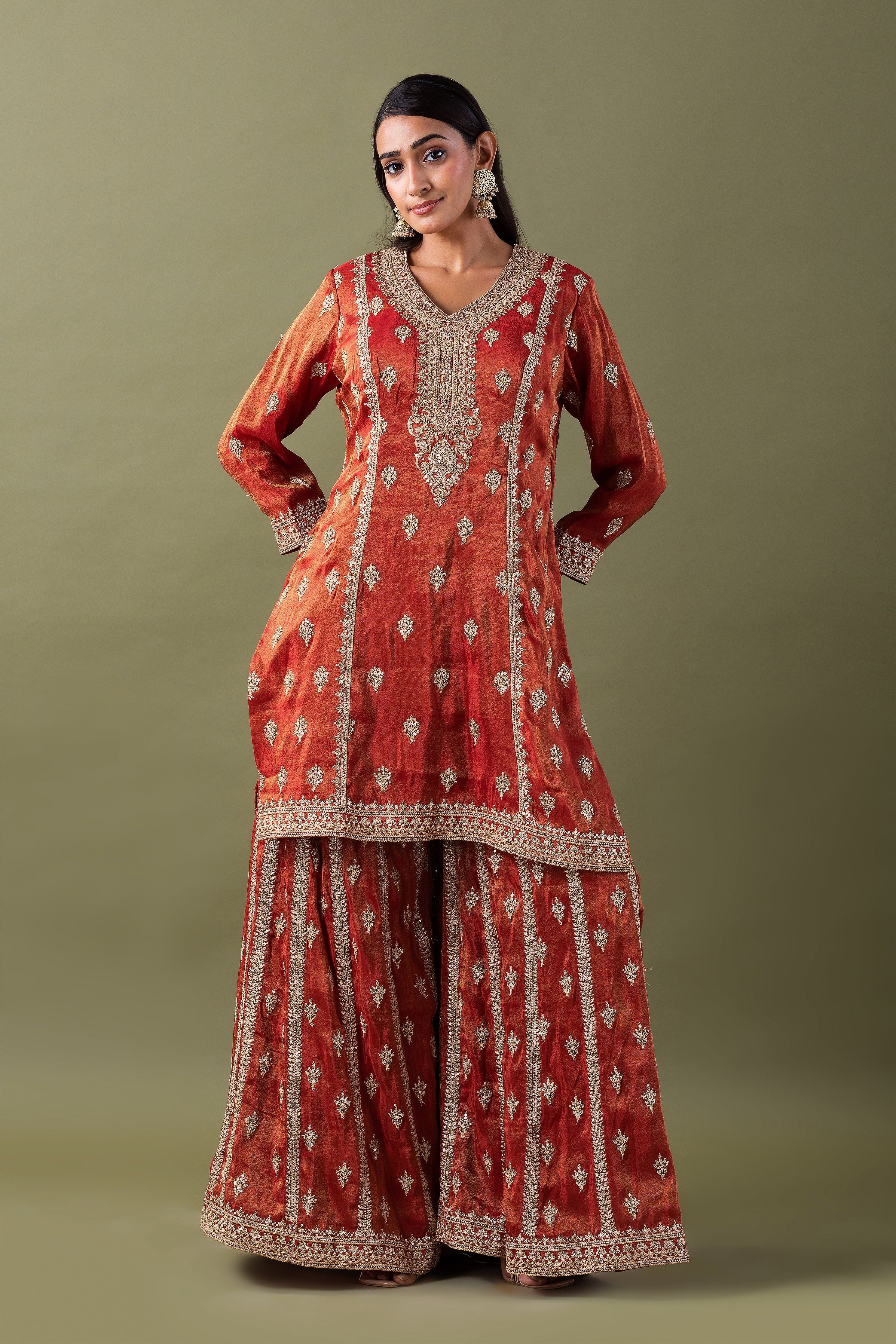 Rust Zari Embroidered Kurta Set - Mokshaa