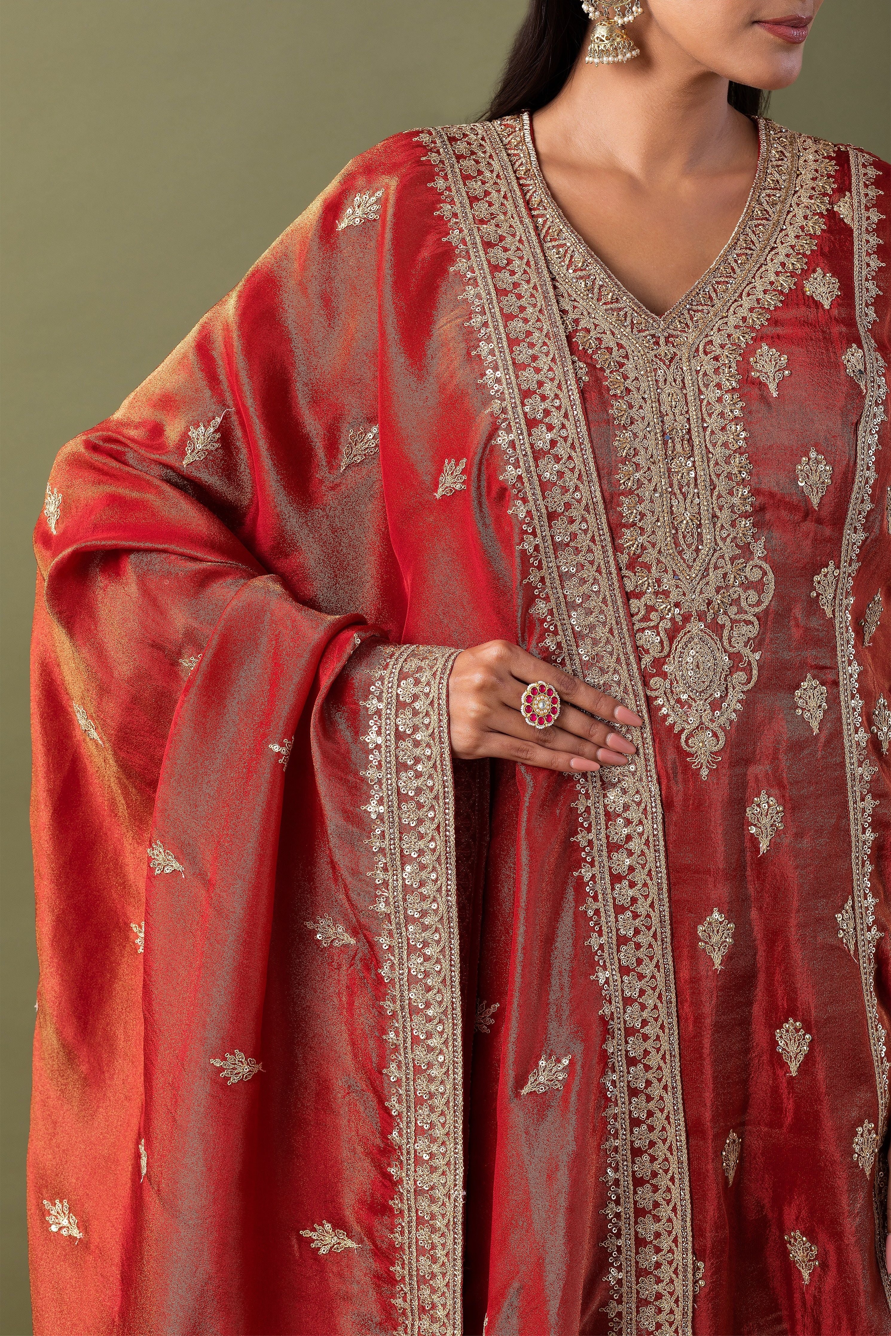 Rust Zari Embroidered Kurta Set - Mokshaa