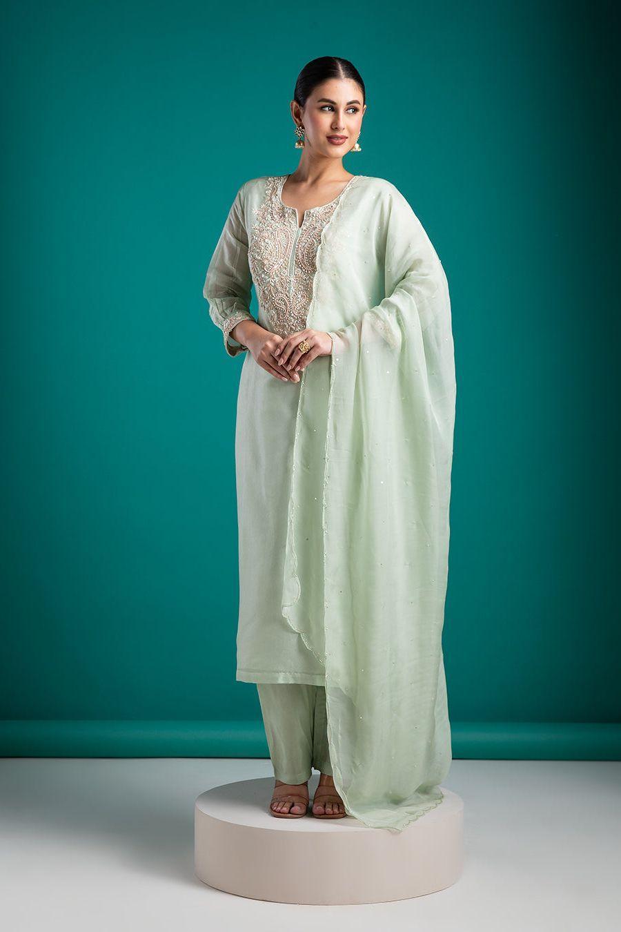 Graceful Mint Green Embroidered Kurta Set - Mokshaa