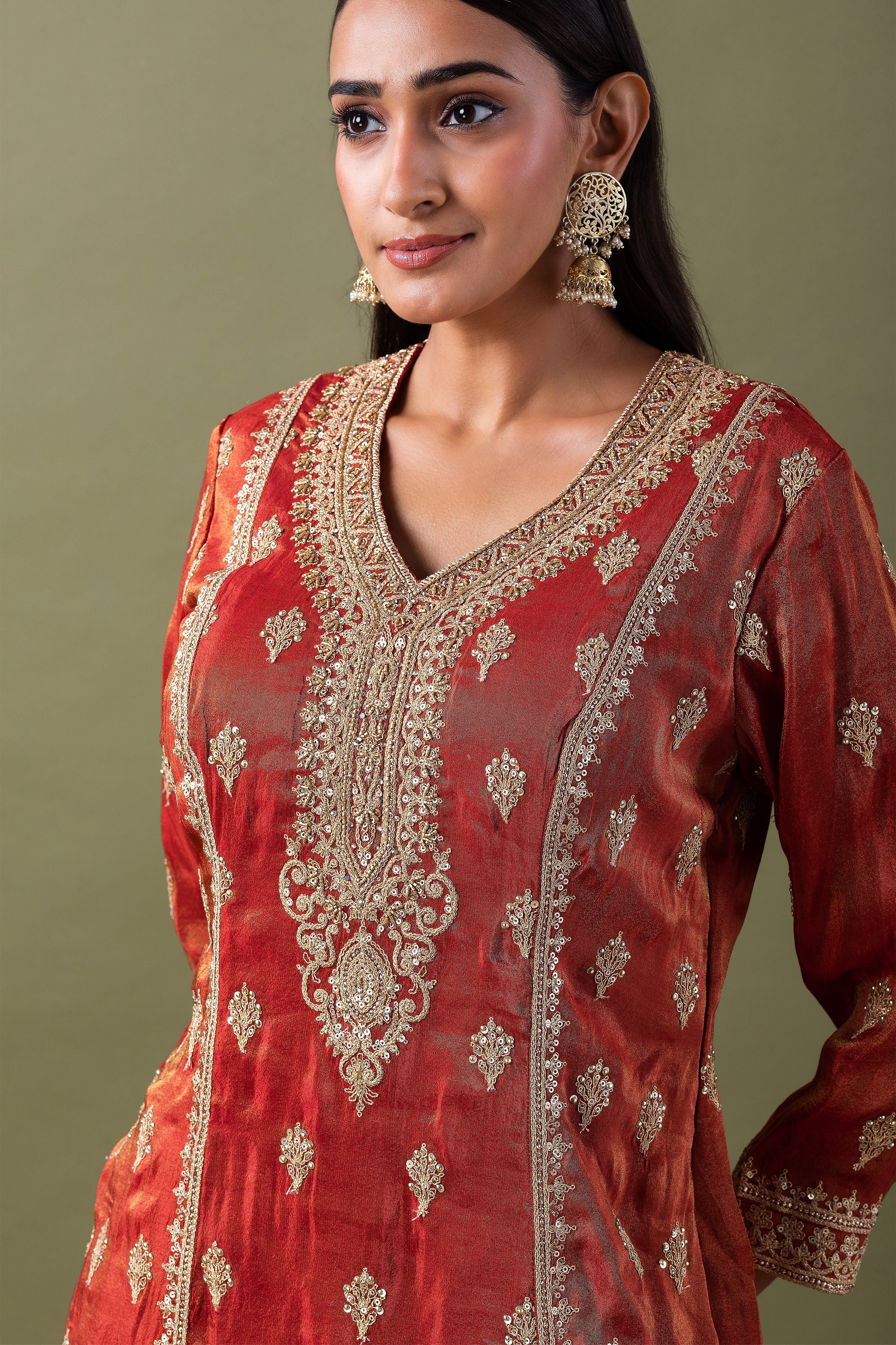 Rust Zari Embroidered Kurta Set - Mokshaa