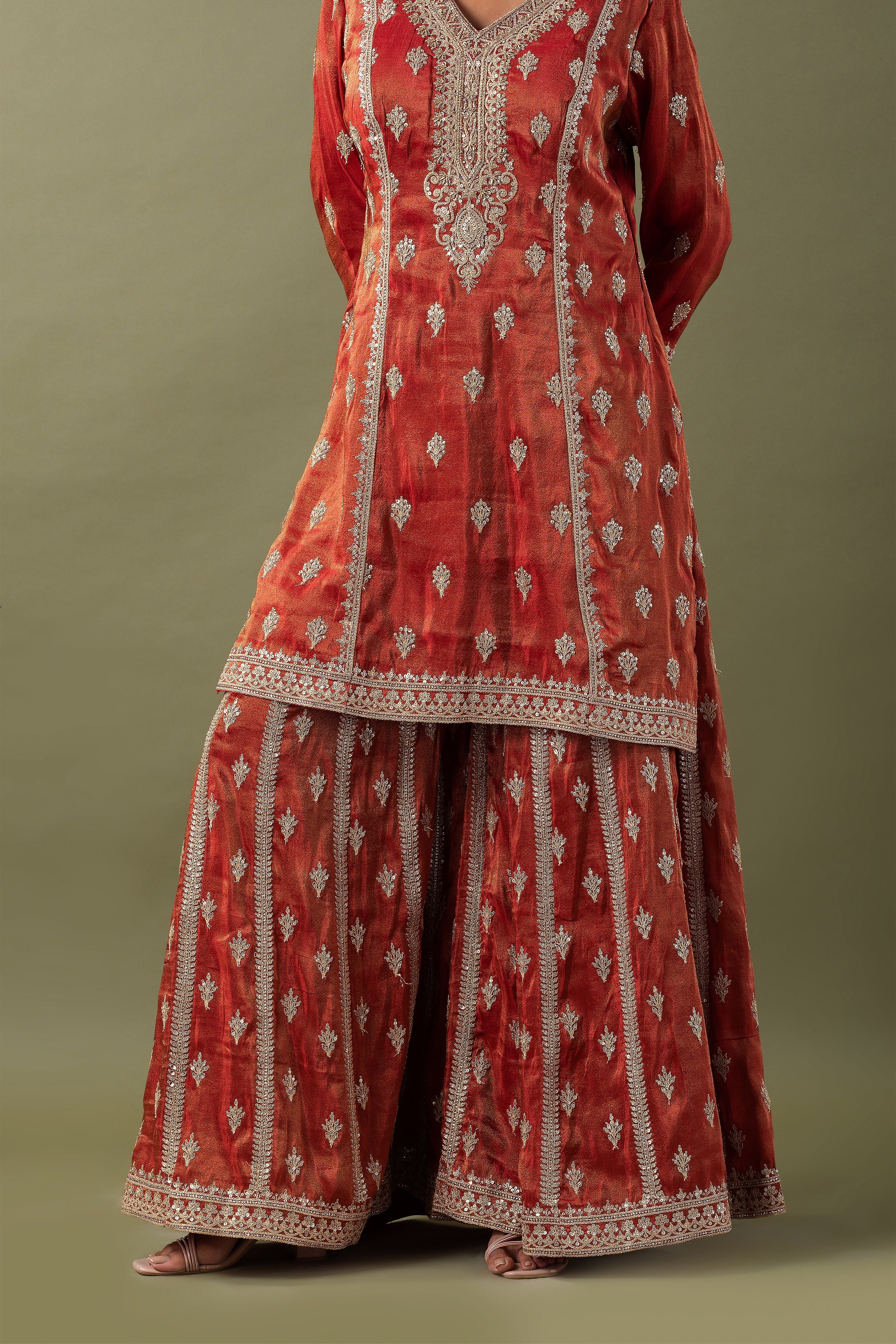 Rust Zari Embroidered Kurta Set - Mokshaa