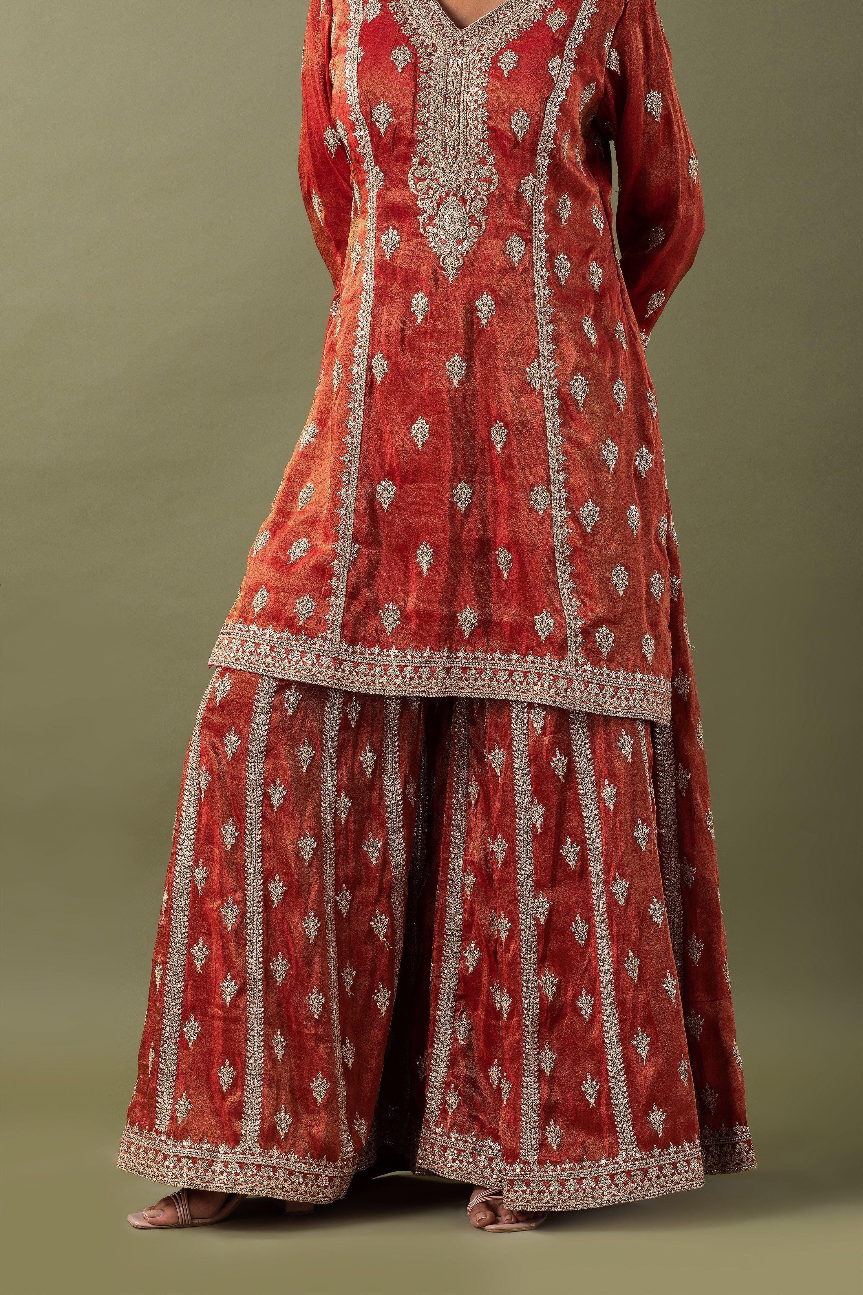 Rust Zari Embroidered Kurta Set - Mokshaa