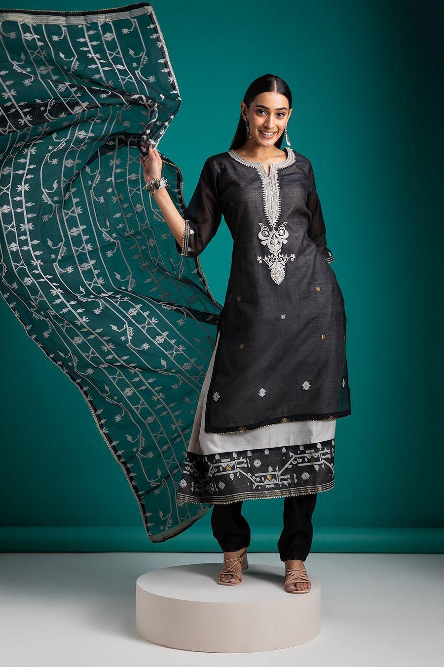 Black and White Kurta Set - Mokshaa