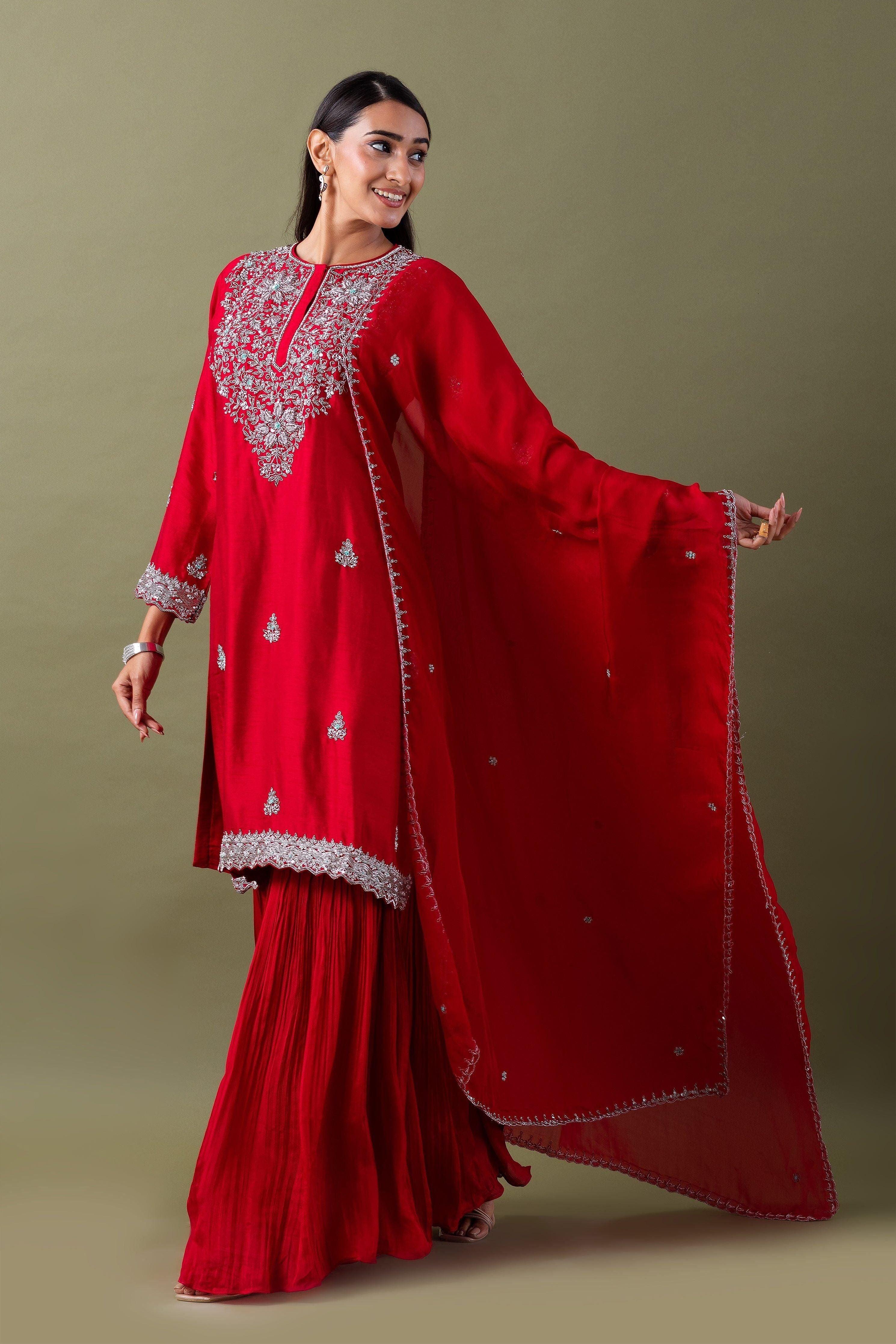 Vibrant Red Sharara Set - Mokshaa