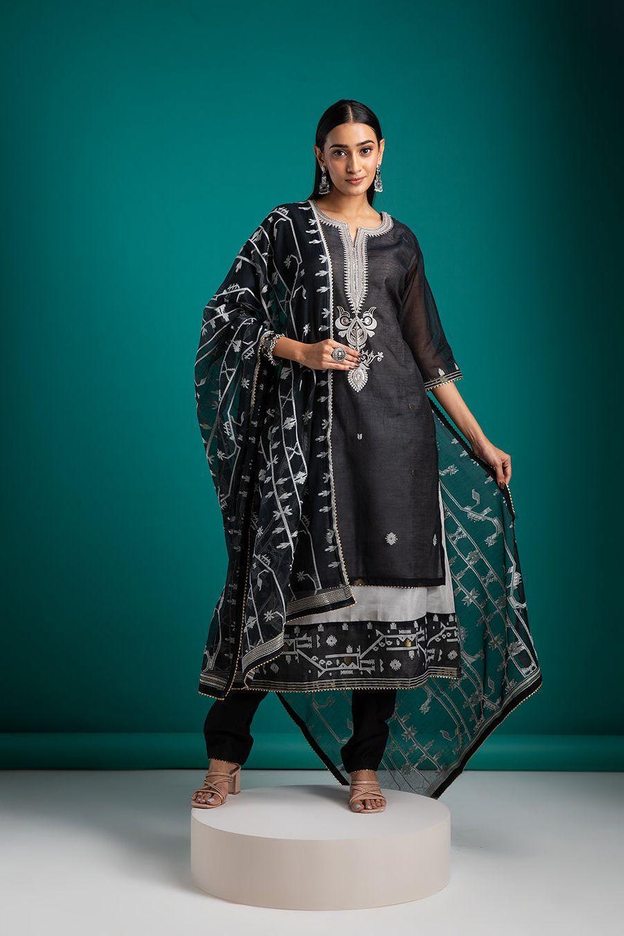Black and White Kurta Set - Mokshaa