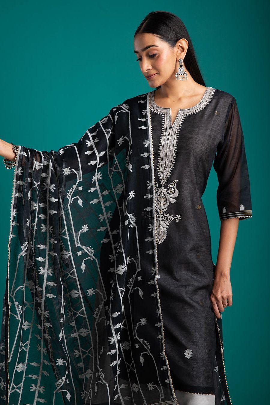 Black and White Kurta Set - Mokshaa