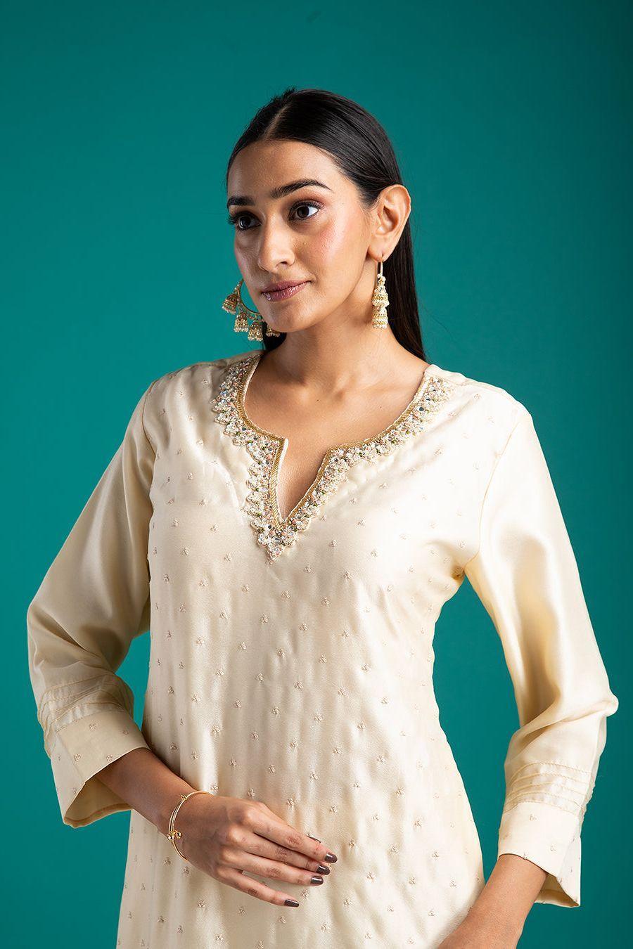 Ivory Kurta Set with Embroidered Detailing - Mokshaa