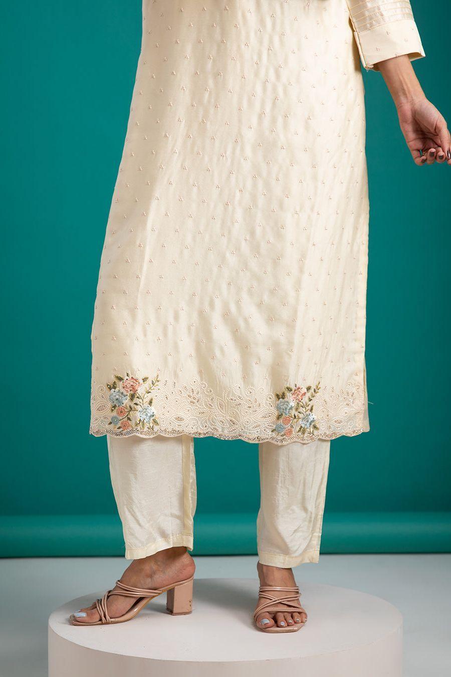 Ivory Kurta Set with Embroidered Detailing - Mokshaa