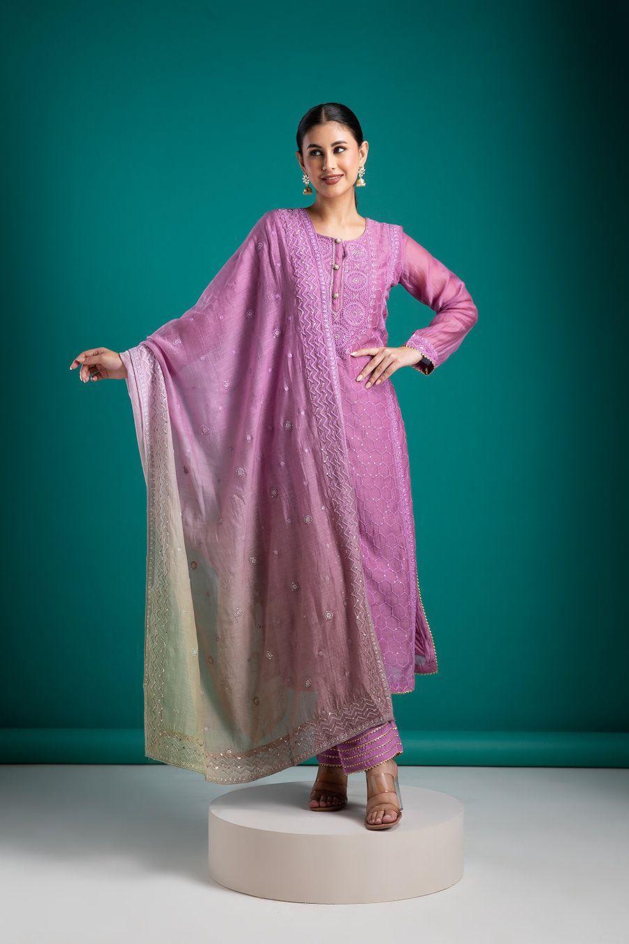 Lavender Embroidered Kurta Set with Dupatta - Mokshaa