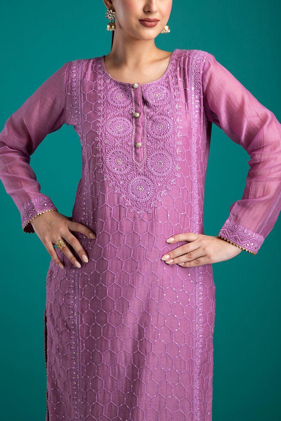 Lavender Embroidered Kurta Set with Dupatta - Mokshaa