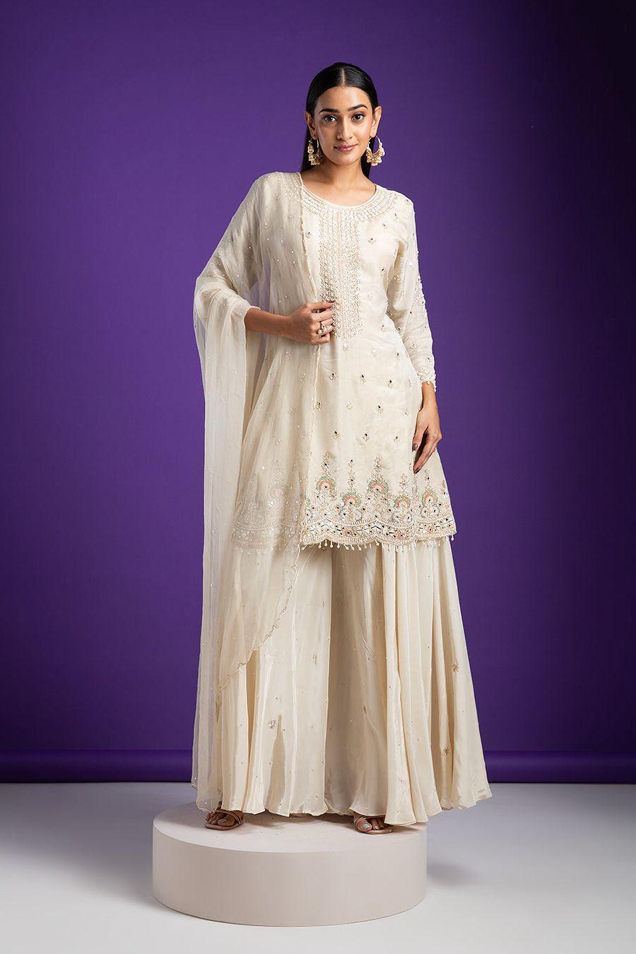 Ivory Embroidered Kurta With Sharara Set | Mokshaa