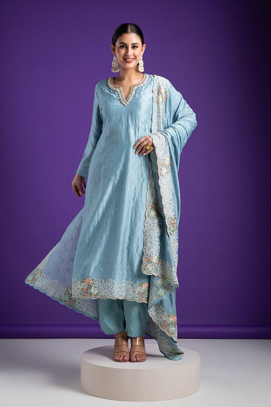 Powder Blue Embroidered Kurta Set with Dupatta - Mokshaa