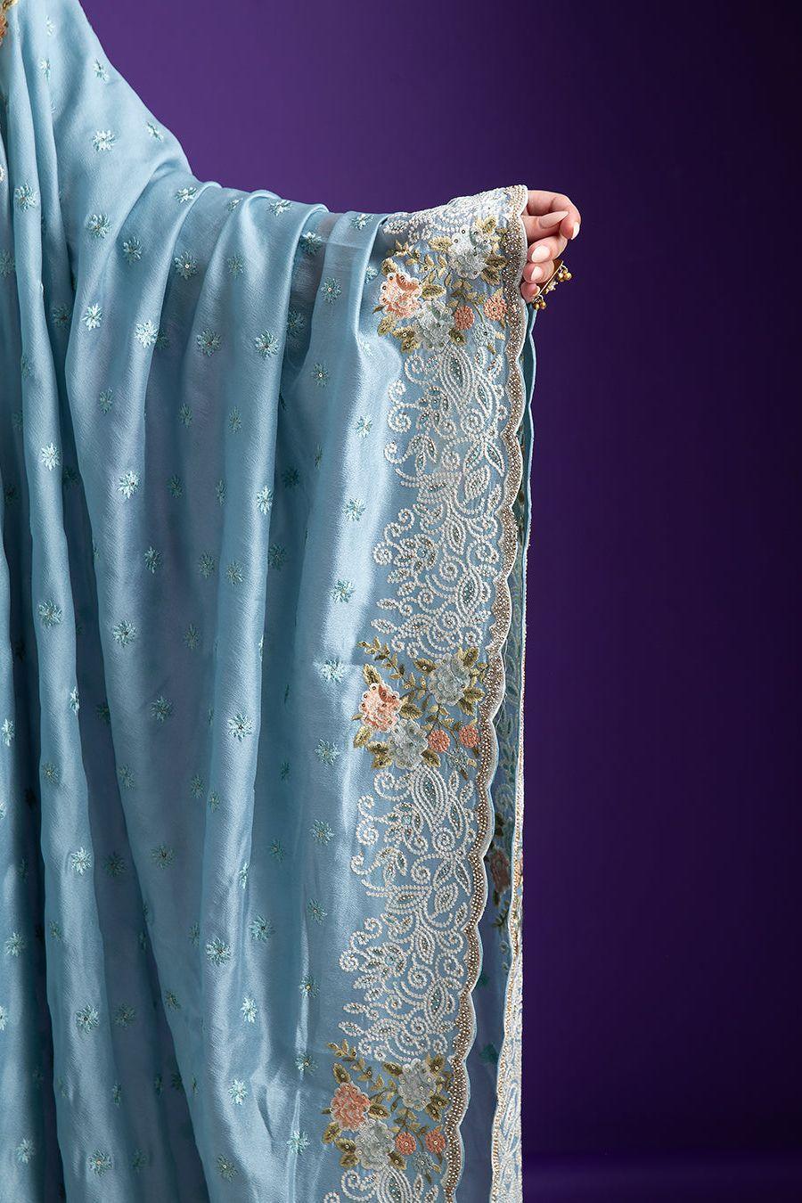 Powder Blue Embroidered Kurta Set with Dupatta - Mokshaa