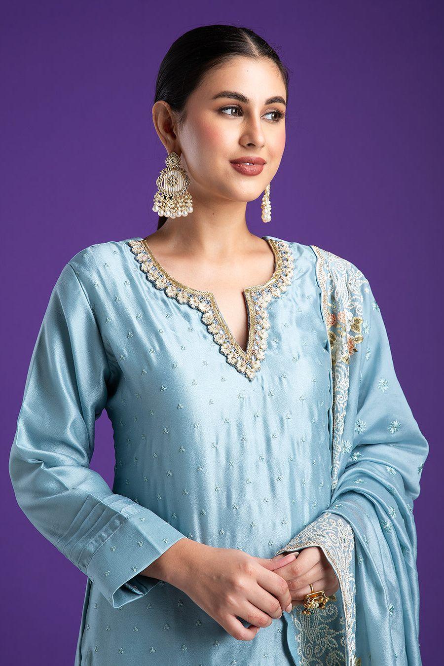 Powder Blue Embroidered Kurta Set with Dupatta - Mokshaa