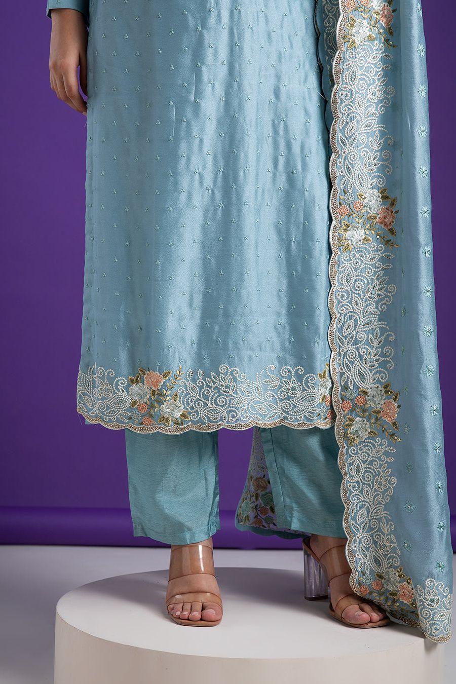 Powder Blue Embroidered Kurta Set with Dupatta - Mokshaa