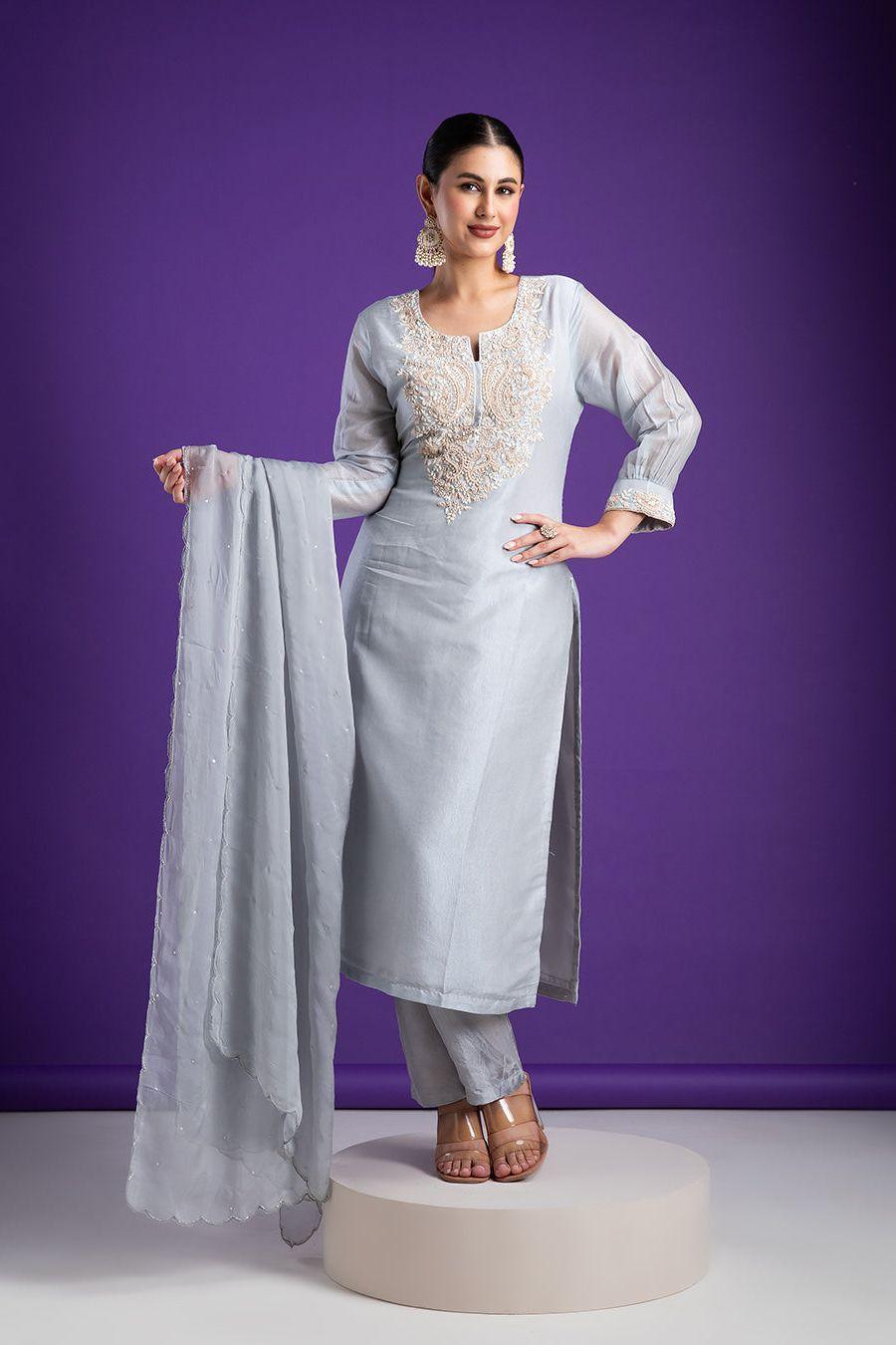 Serene Grey Kurta Set with Embellished Neckline - Mokshaa