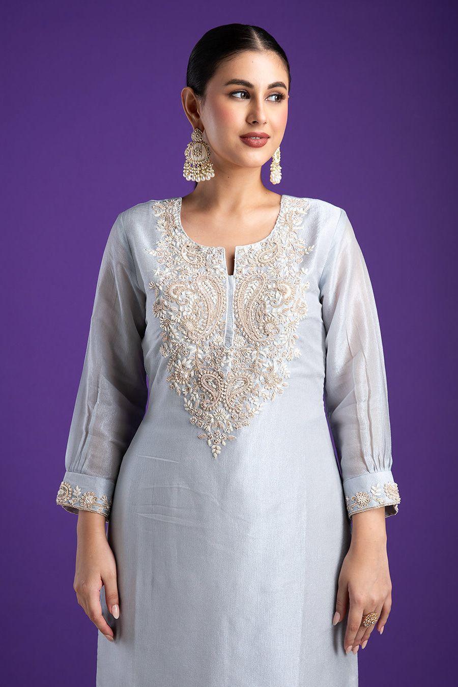 Serene Grey Kurta Set with Embellished Neckline - Mokshaa