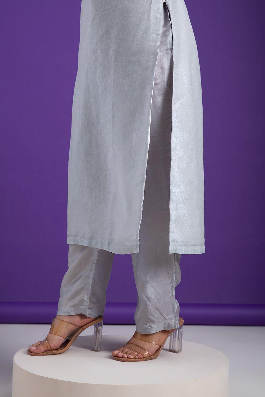 Serene Grey Kurta Set with Embellished Neckline - Mokshaa