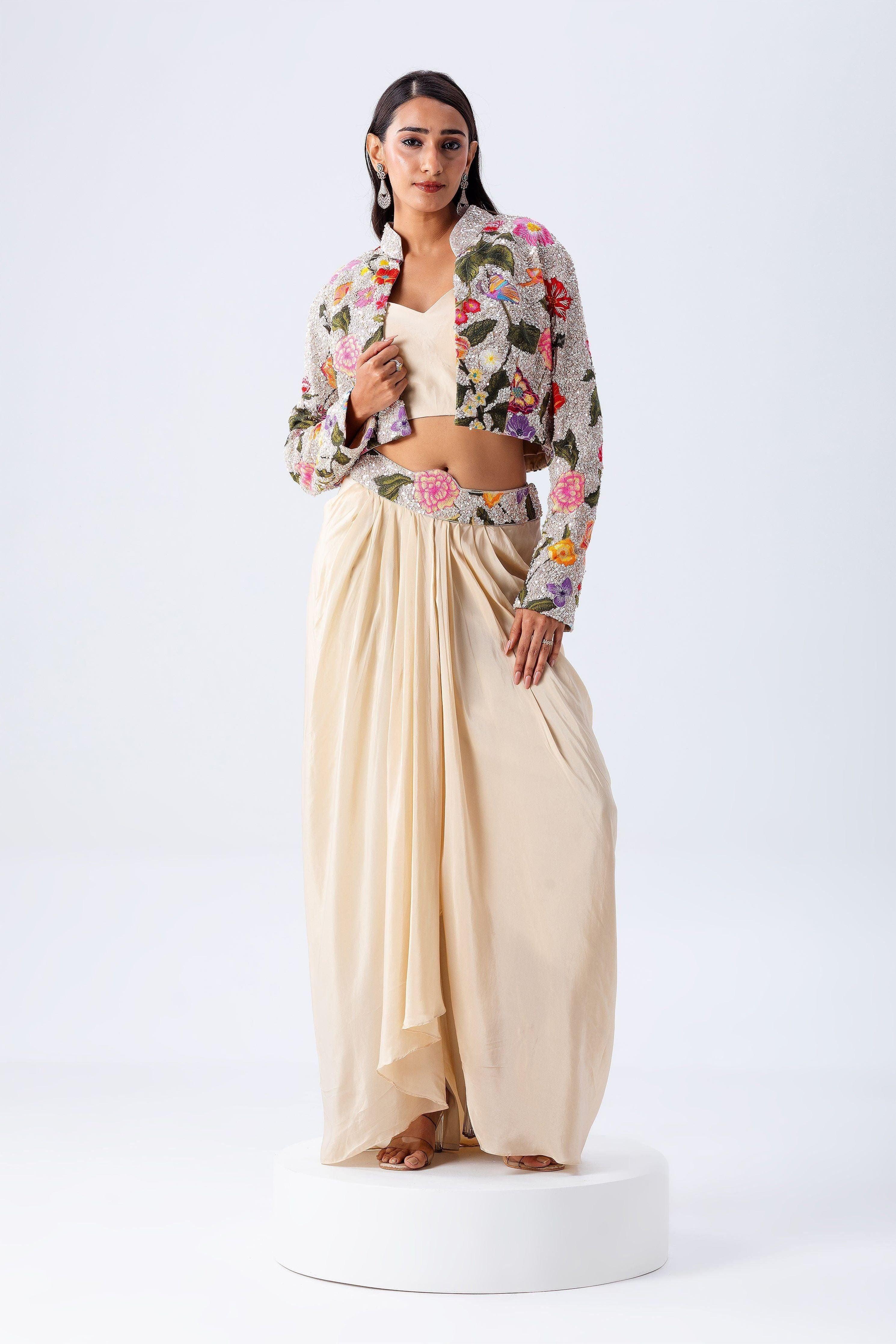 XS Beige Draped Skirt Set With Floral Embroidered Jacket