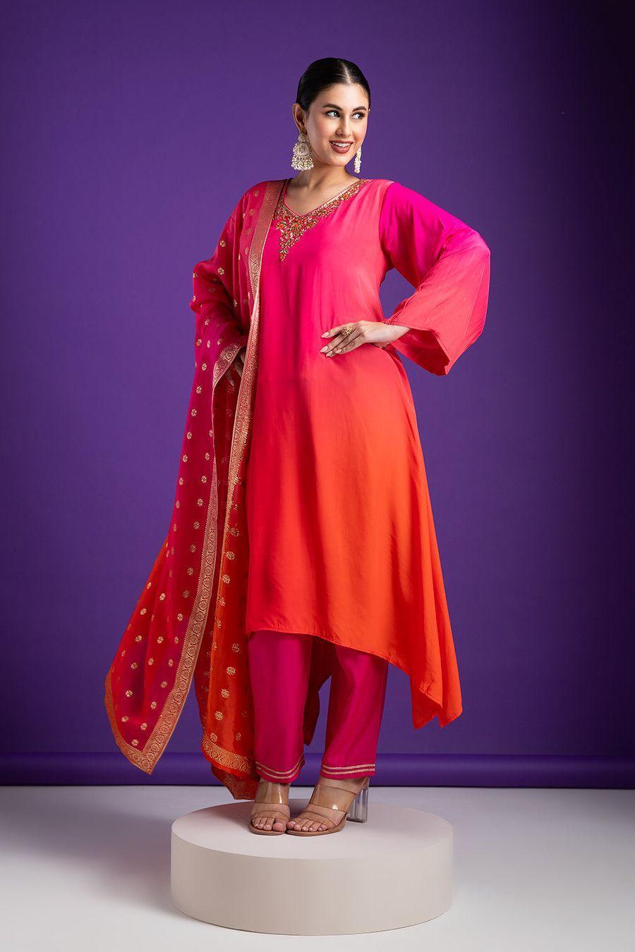 Pink and Orange Asymmetric Kurta Set - Mokshaa