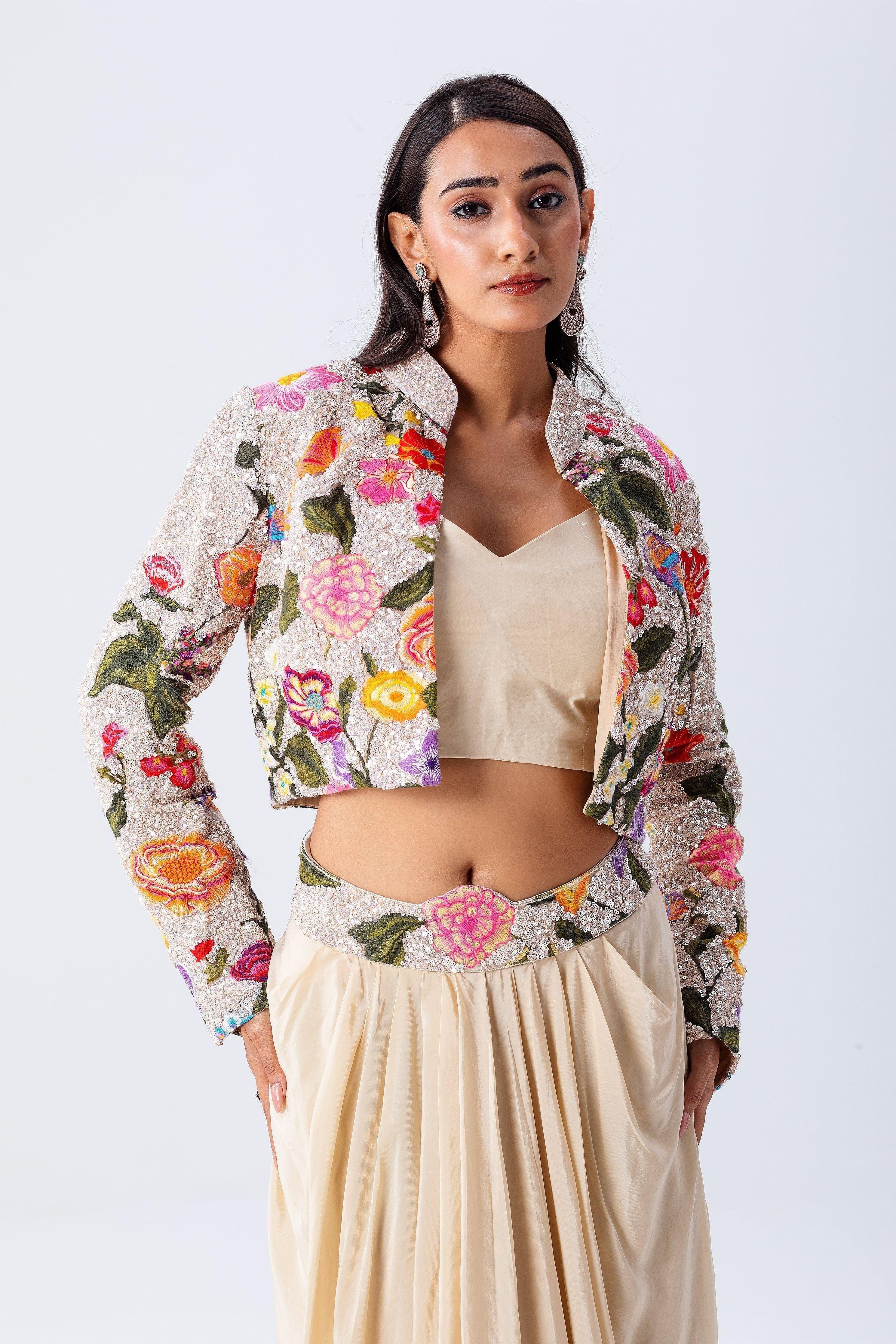 Beige Draped Skirt Set With Floral Embroidered Jacket - Mokshaa
