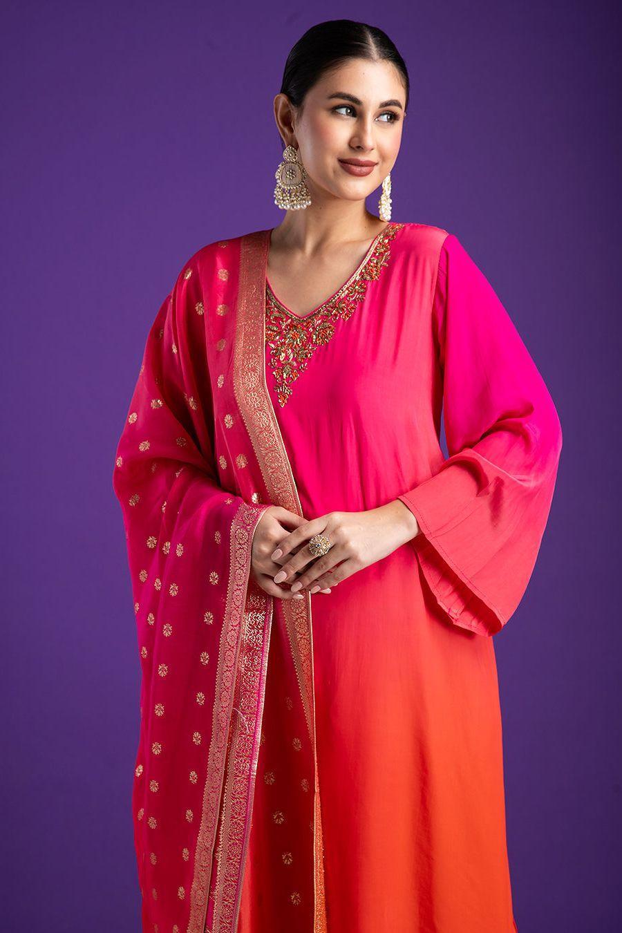 Pink and Orange Asymmetric Kurta Set - Mokshaa