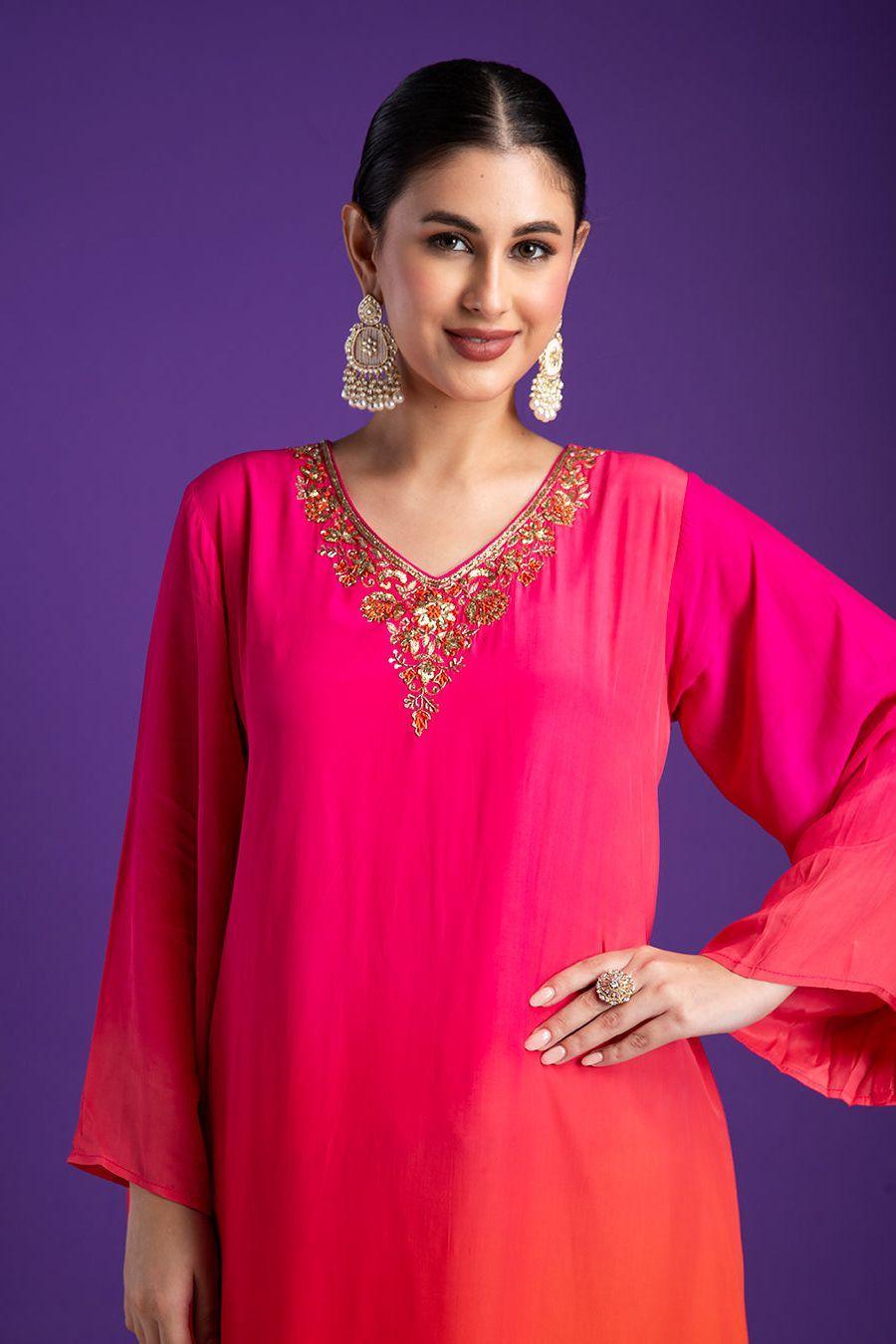Pink and Orange Asymmetric Kurta Set - Mokshaa