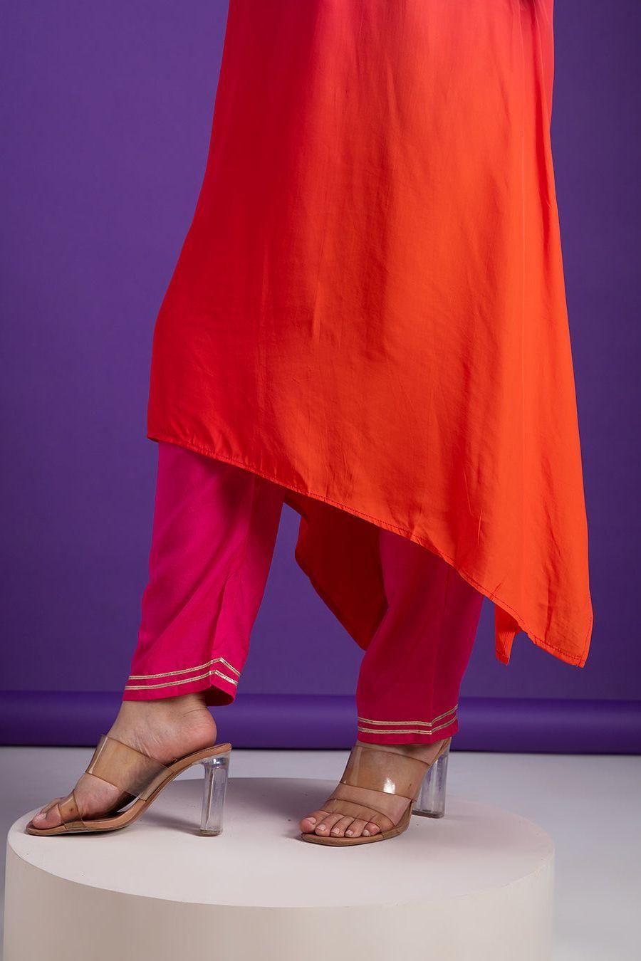 Pink and Orange Asymmetric Kurta Set - Mokshaa