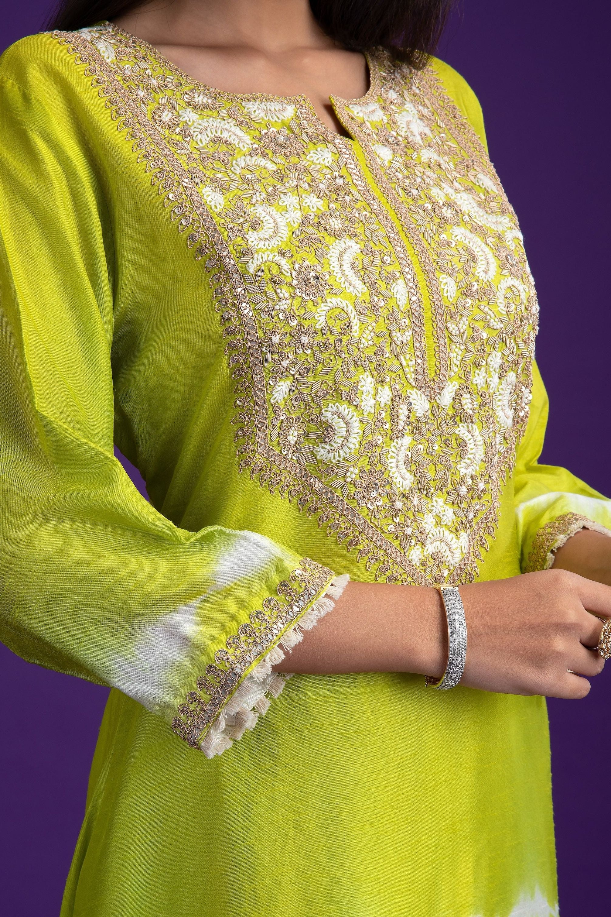 Green Tie-Dye Silk Kurti set - Mokshaa