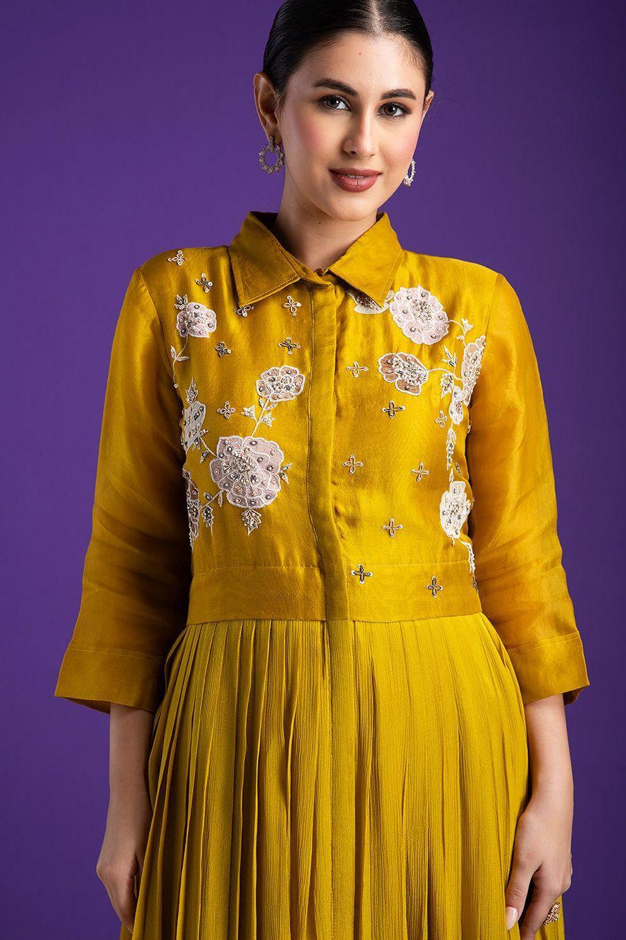Mustard Yellow Embroidered Maxi Dress - Mokshaa