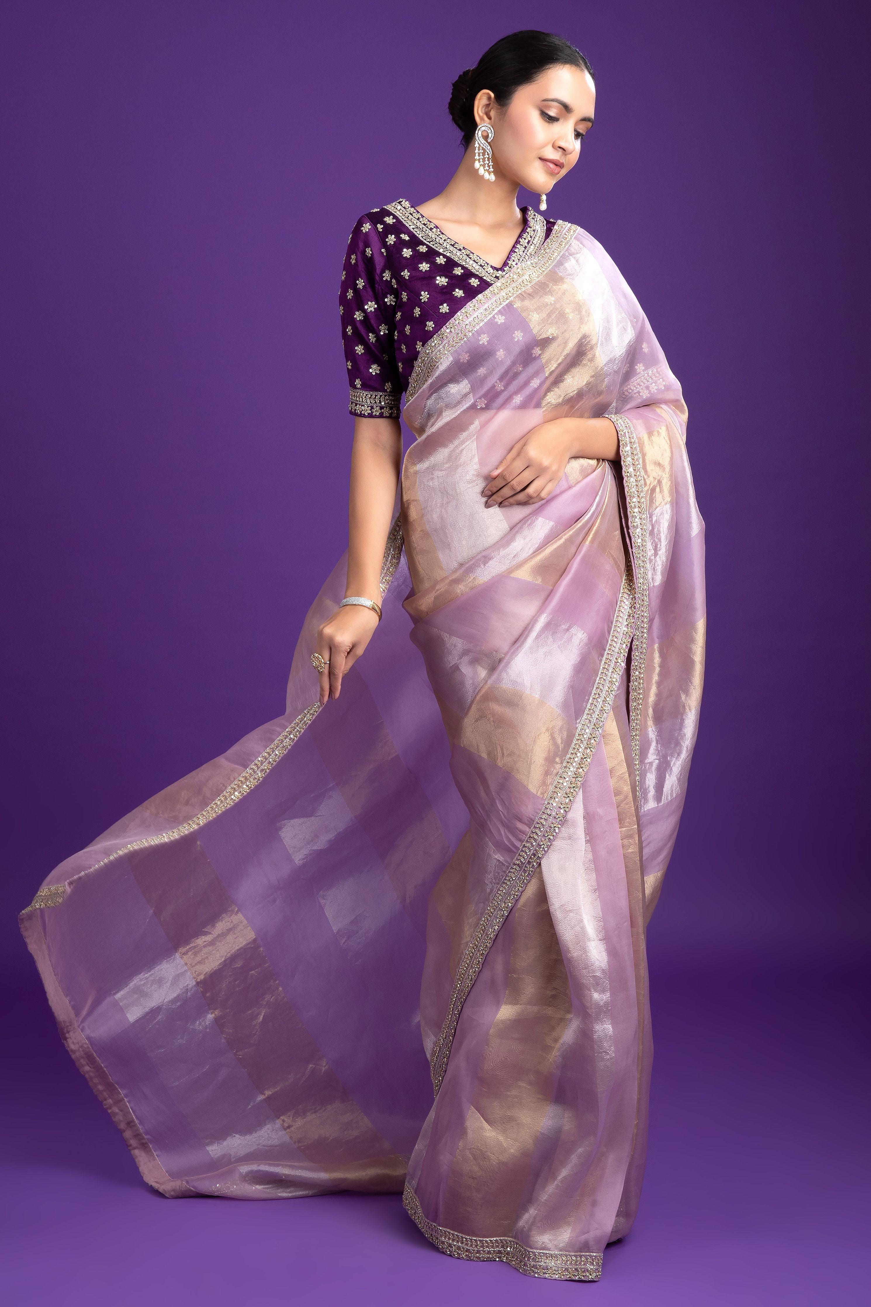 Lilac Tissue Organza Saree with Zari Detailing - Mokshaa
