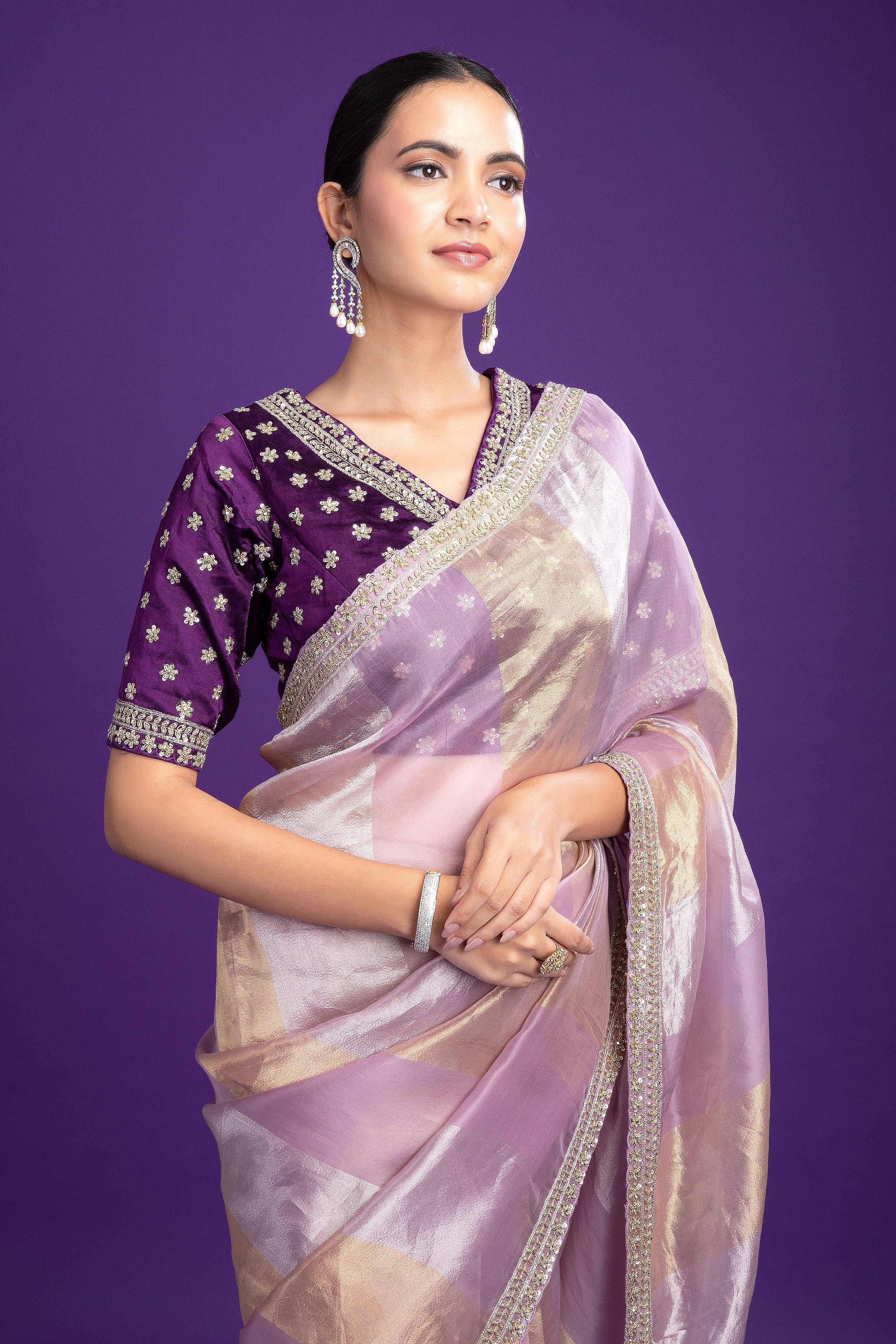 Lilac Tissue Organza Saree with Zari Detailing - Mokshaa