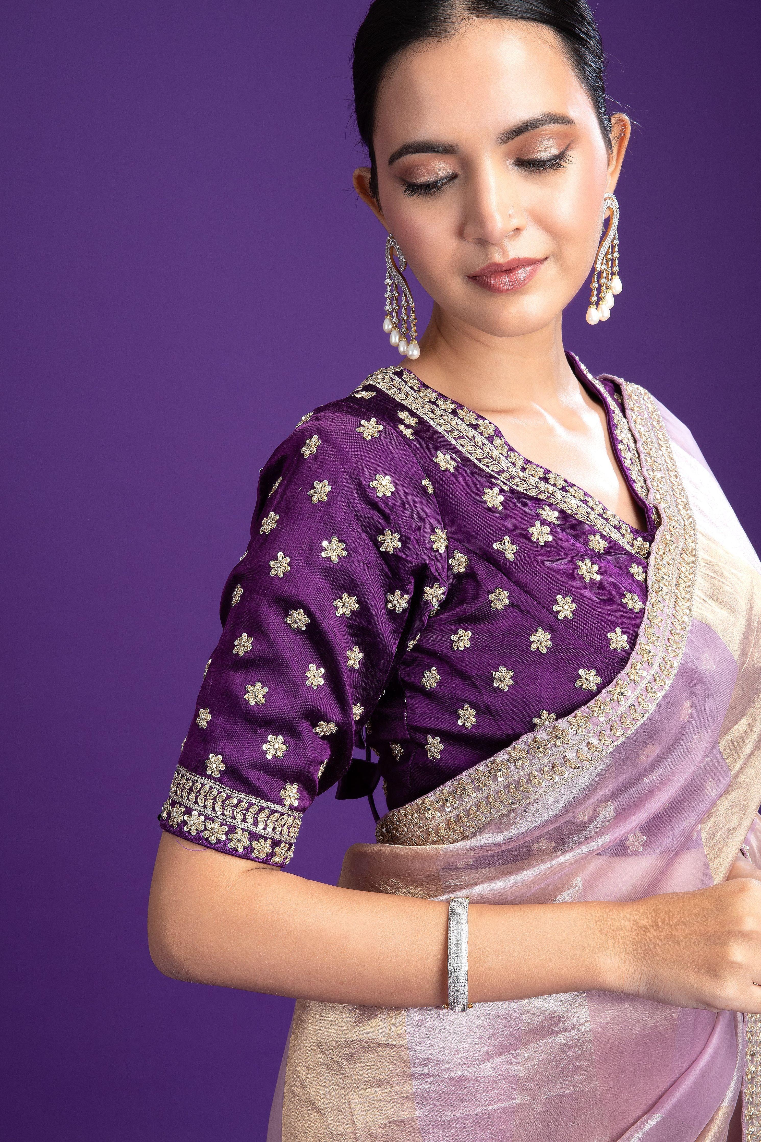 Lilac Tissue Organza Saree with Zari Detailing - Mokshaa