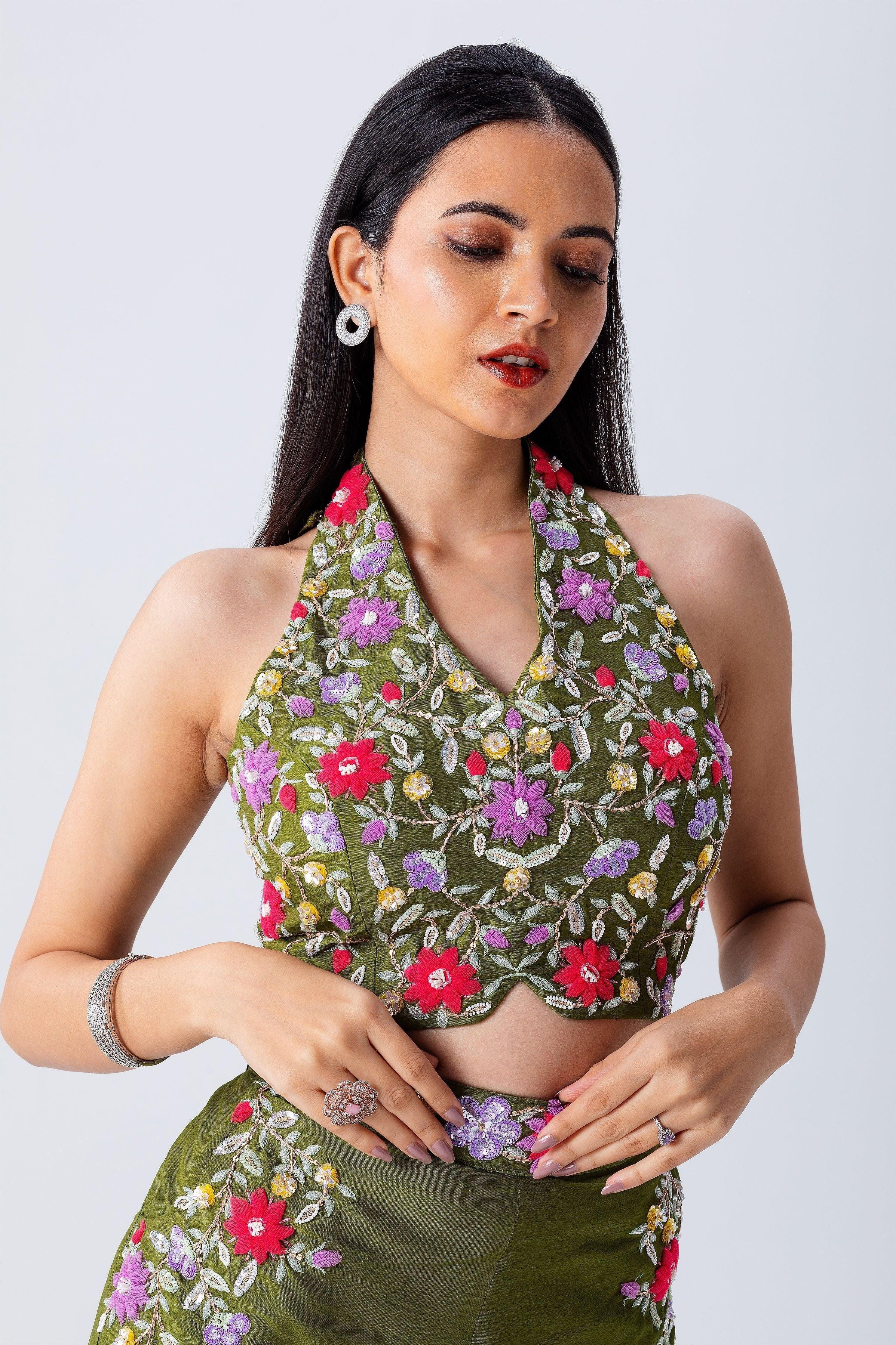 Olive Green Crop Top And Palazzo Set - Mokshaa