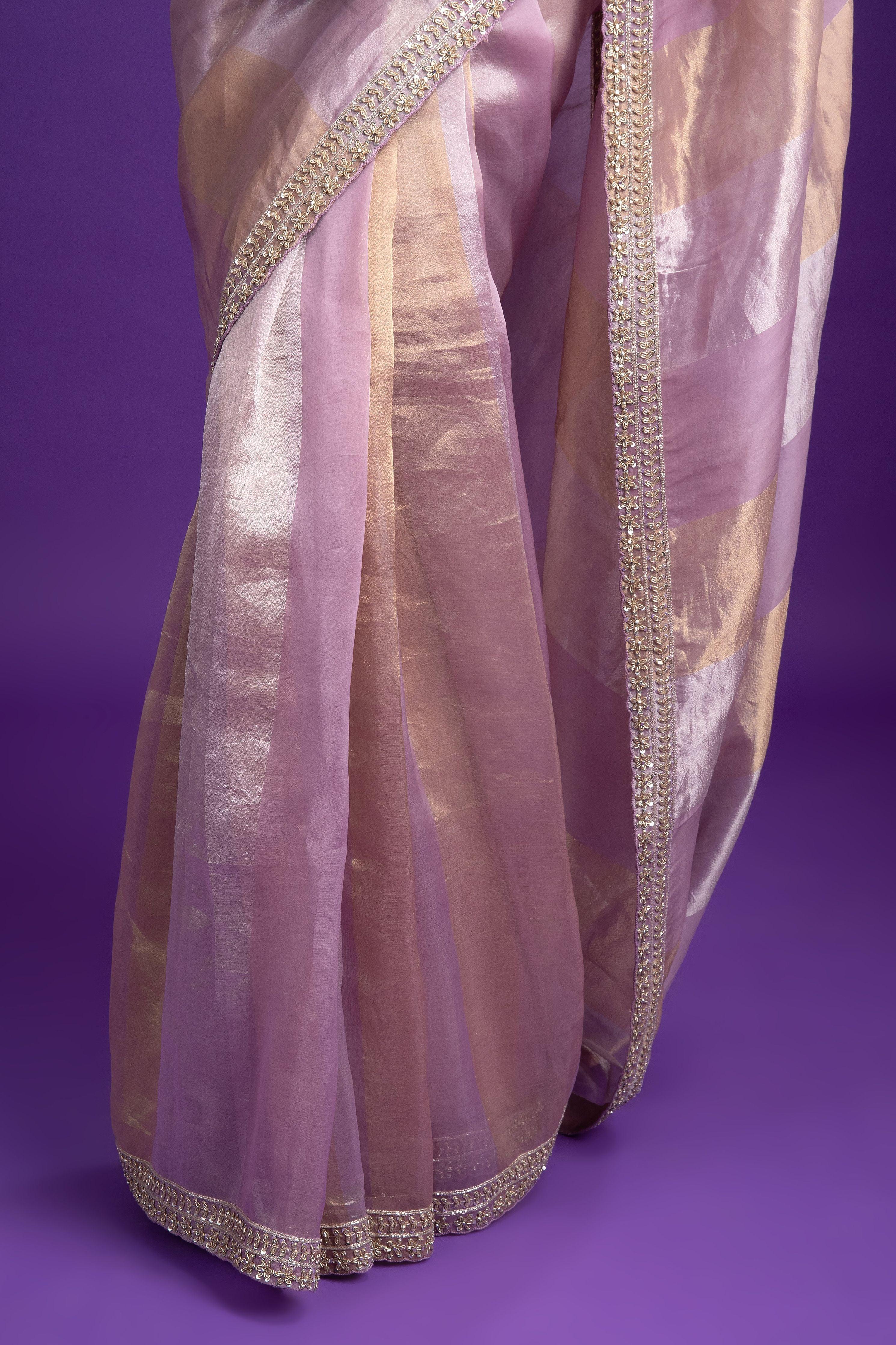 Lilac Tissue Organza Saree with Zari Detailing - Mokshaa