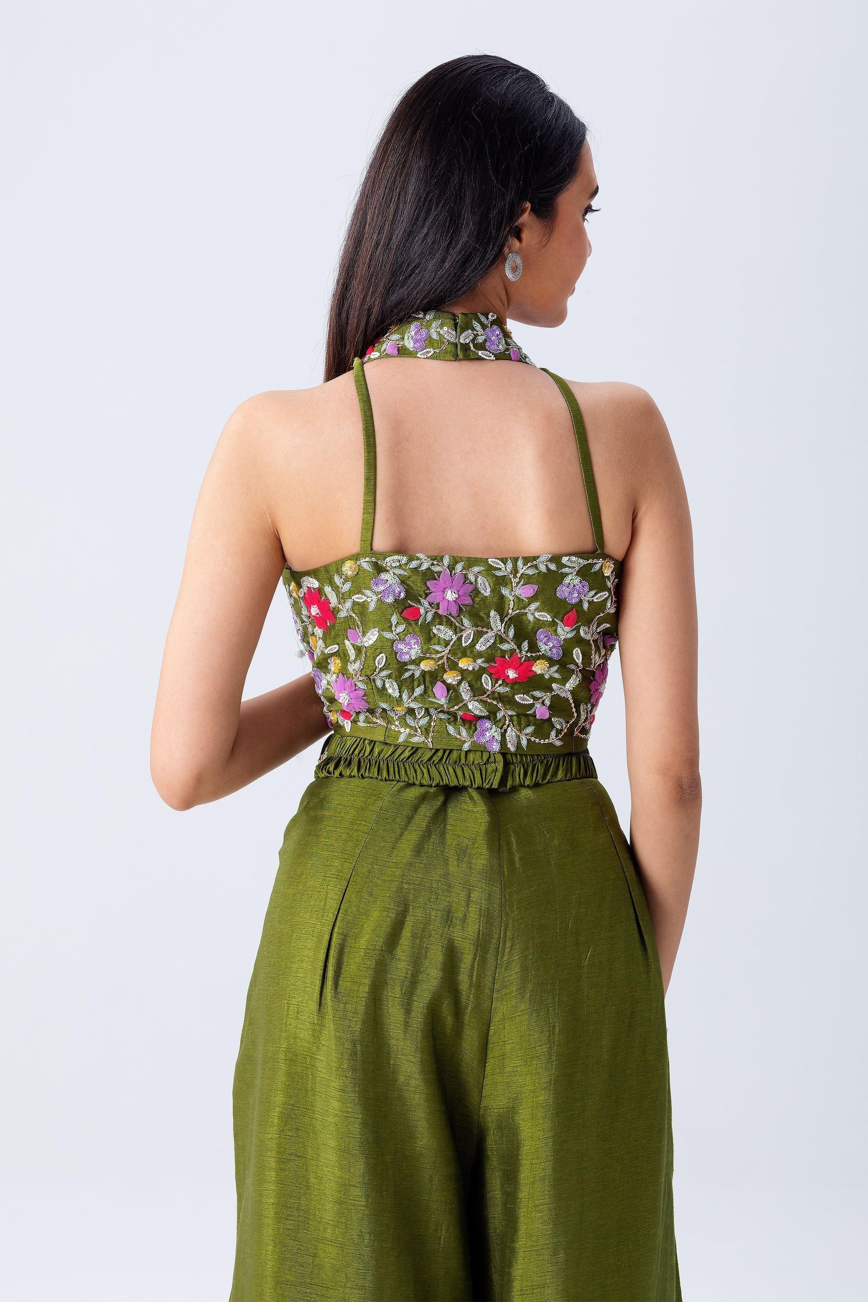 Olive Green Crop Top And Palazzo Set - Mokshaa