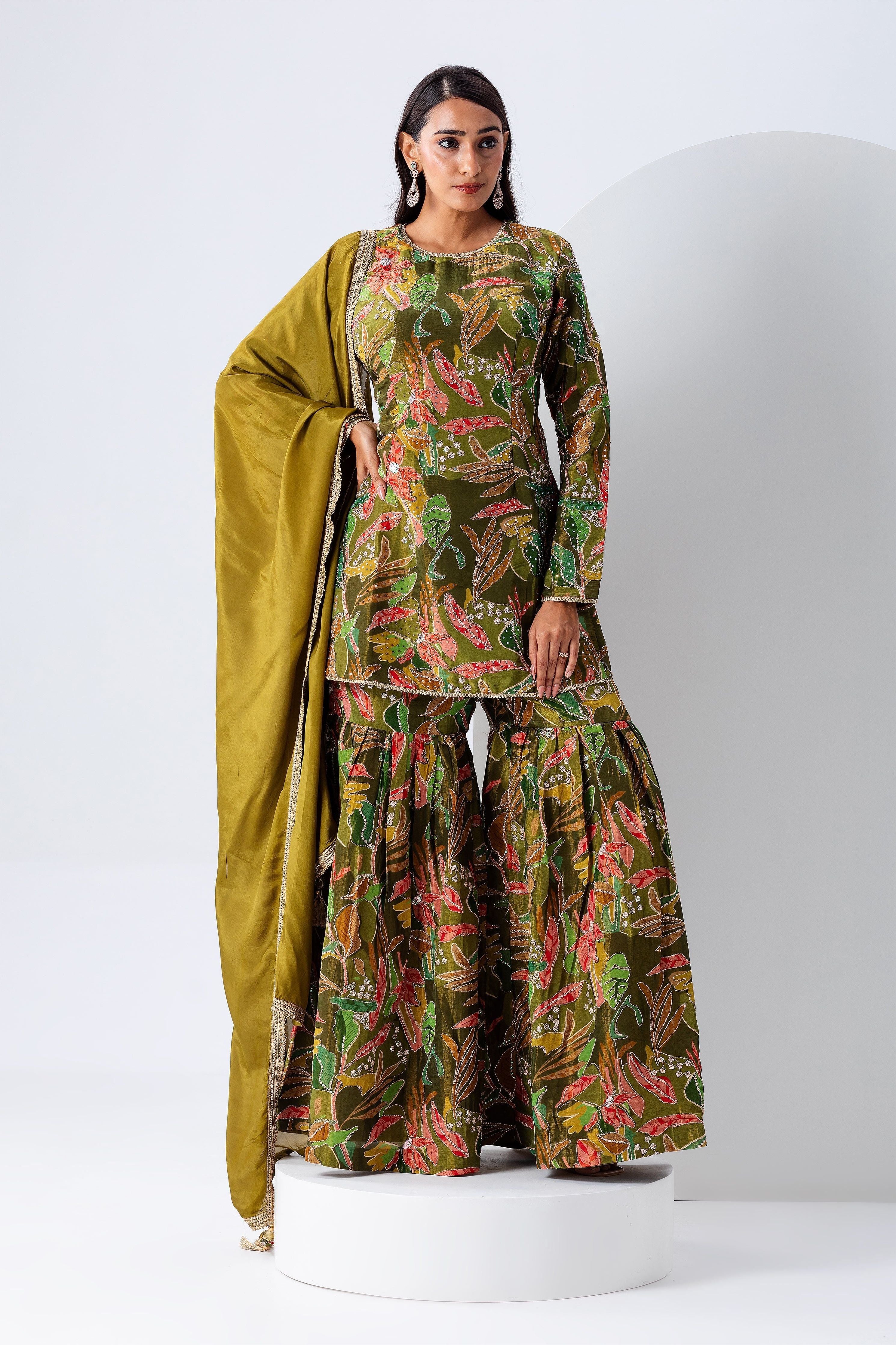 Olive Green Floral Sharara Set - Mokshaa