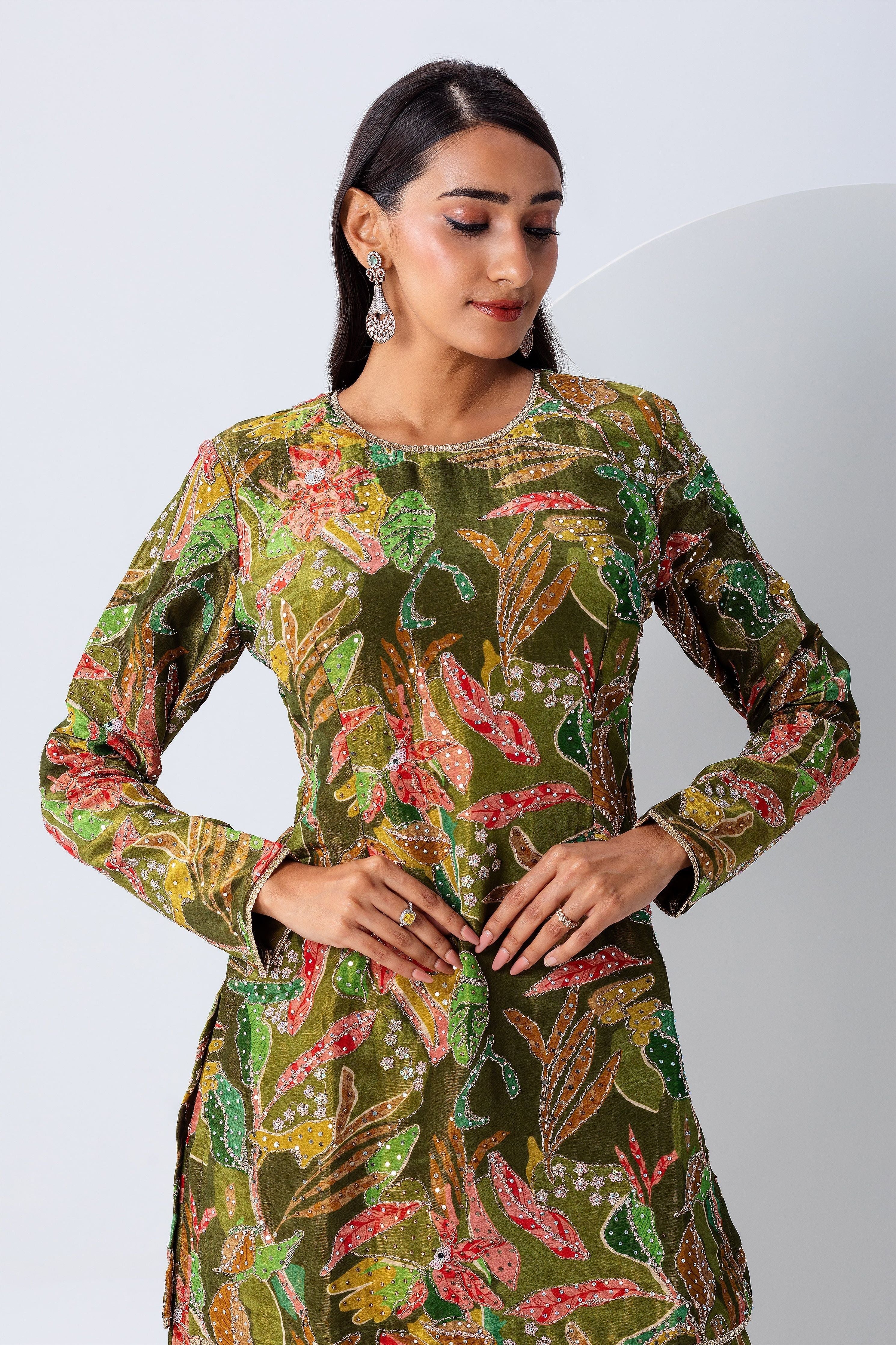 Olive Green Floral Sharara Set - Mokshaa