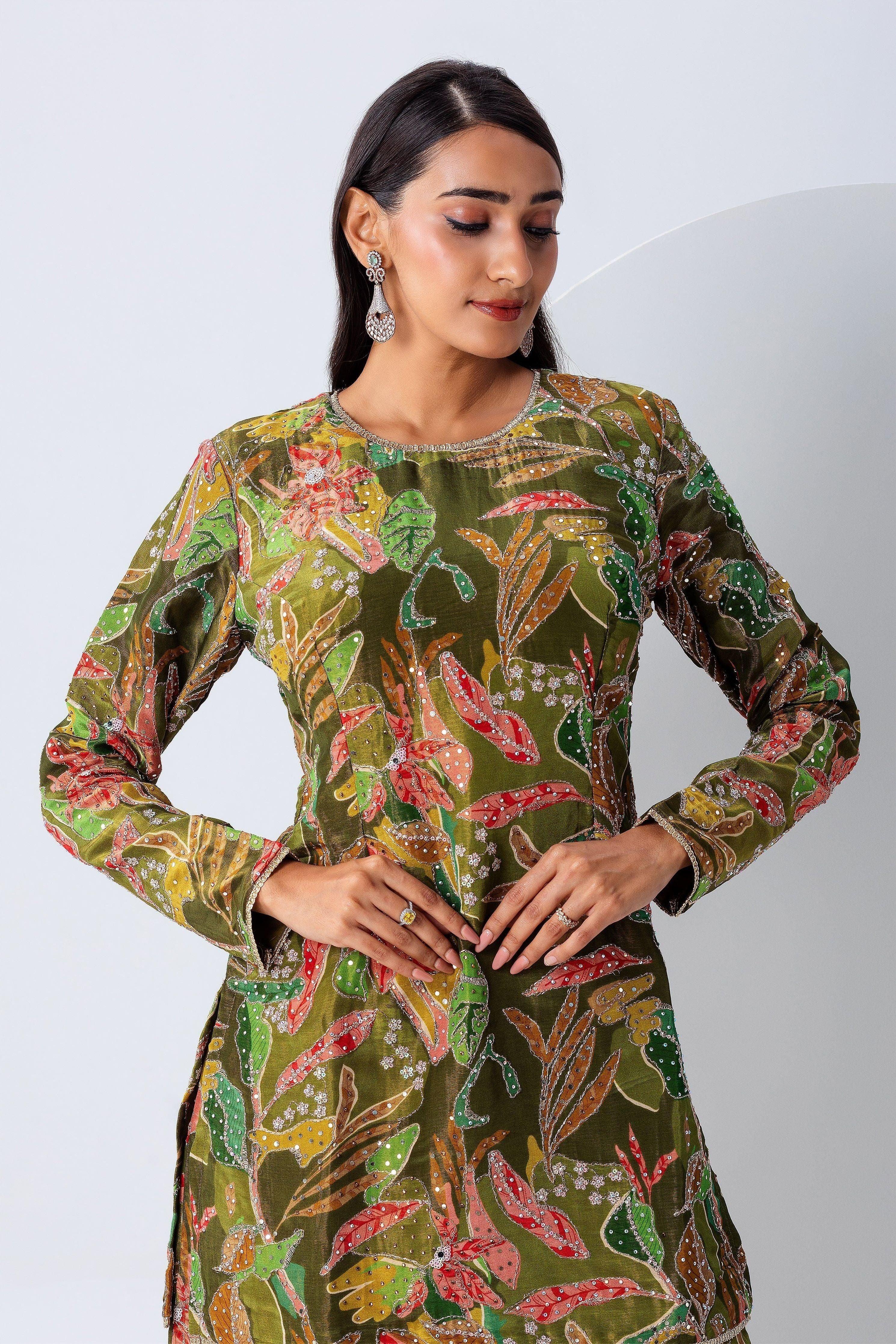 Olive Green Floral Sharara Set - Mokshaa