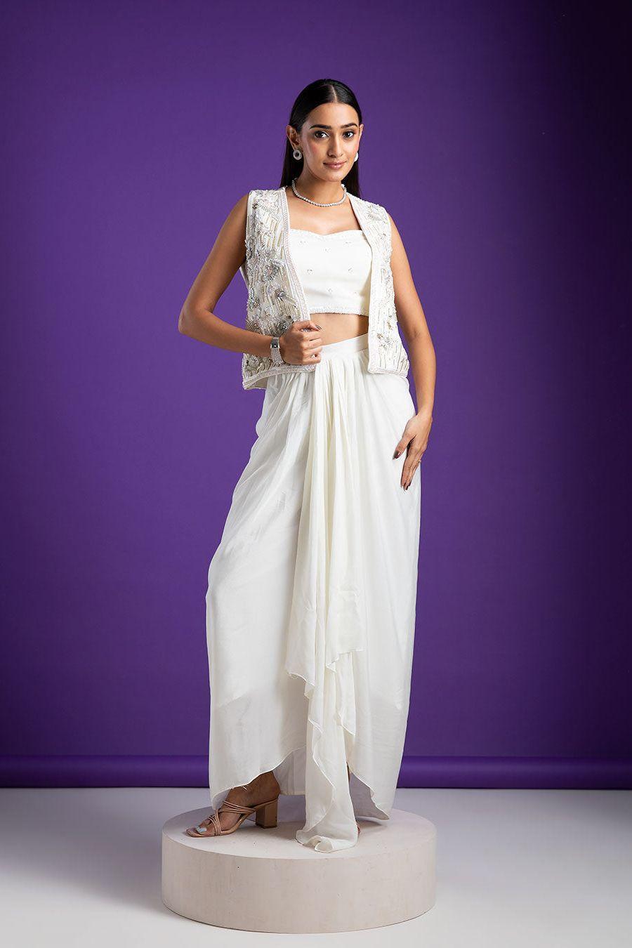 Chic White Draped Indo-Western with Embellished Jacket - Mokshaa