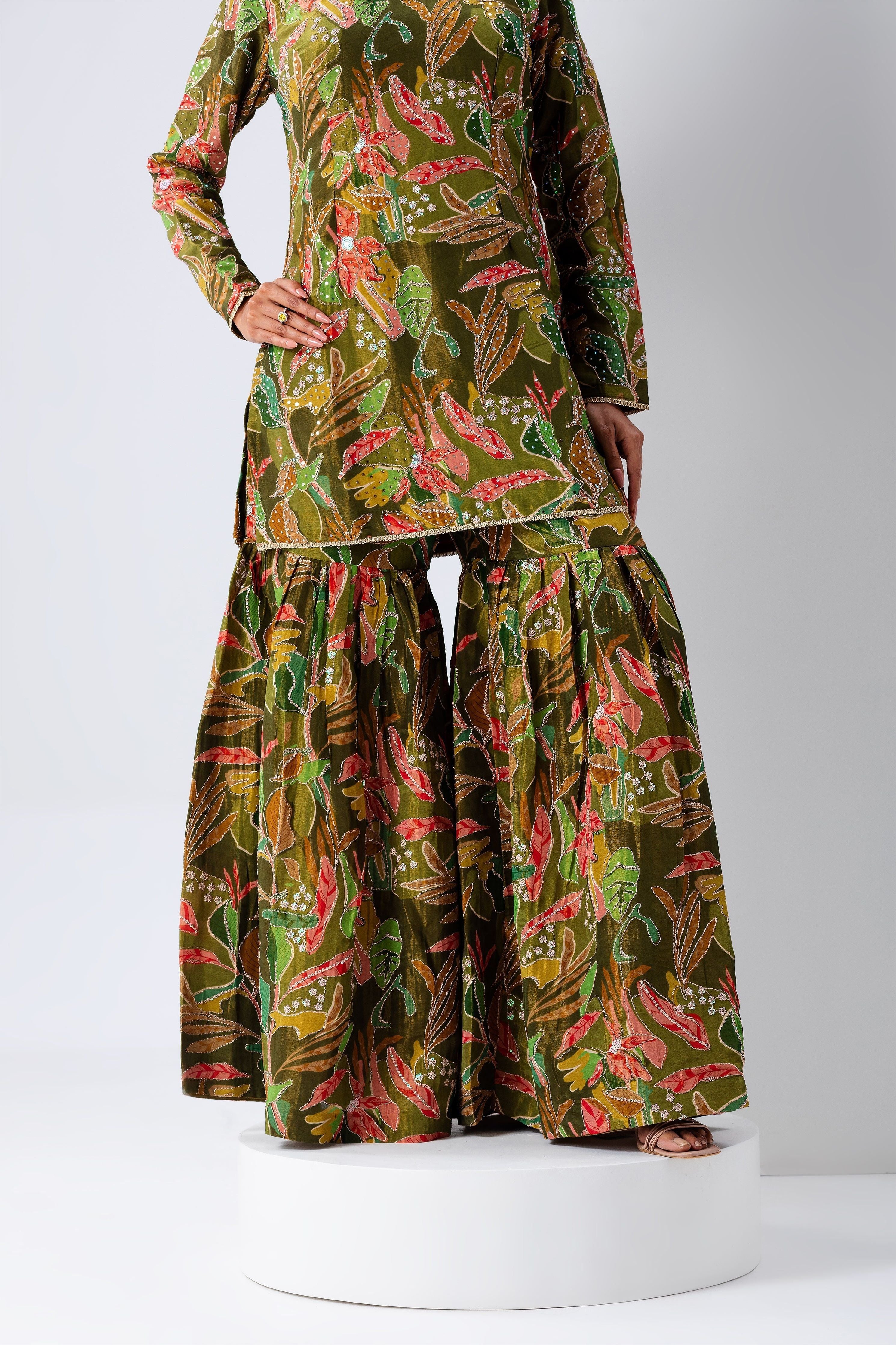 Olive Green Floral Sharara Set - Mokshaa