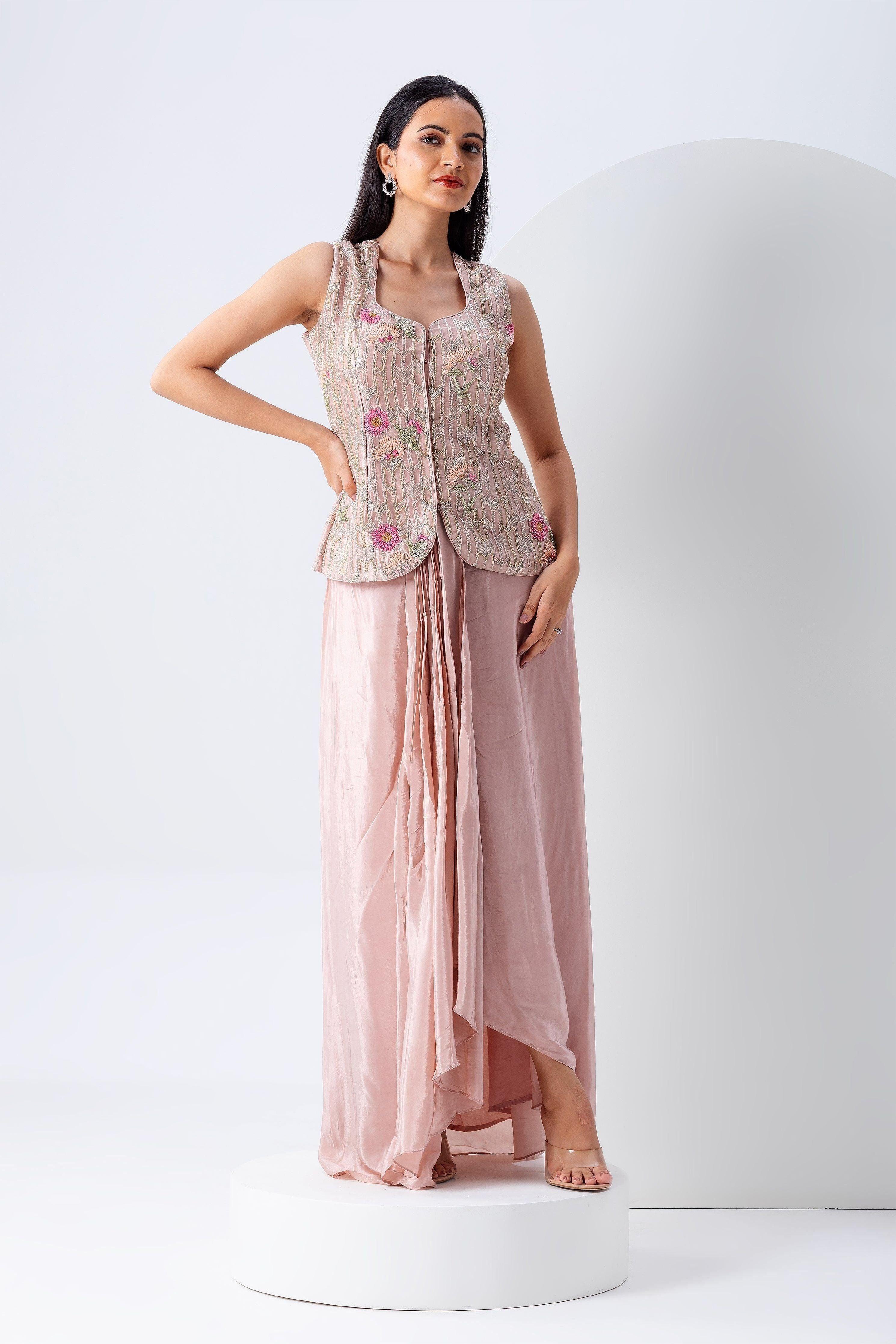 Blush Pink Embroidered Jacket Set With Dupatta - Mokshaa