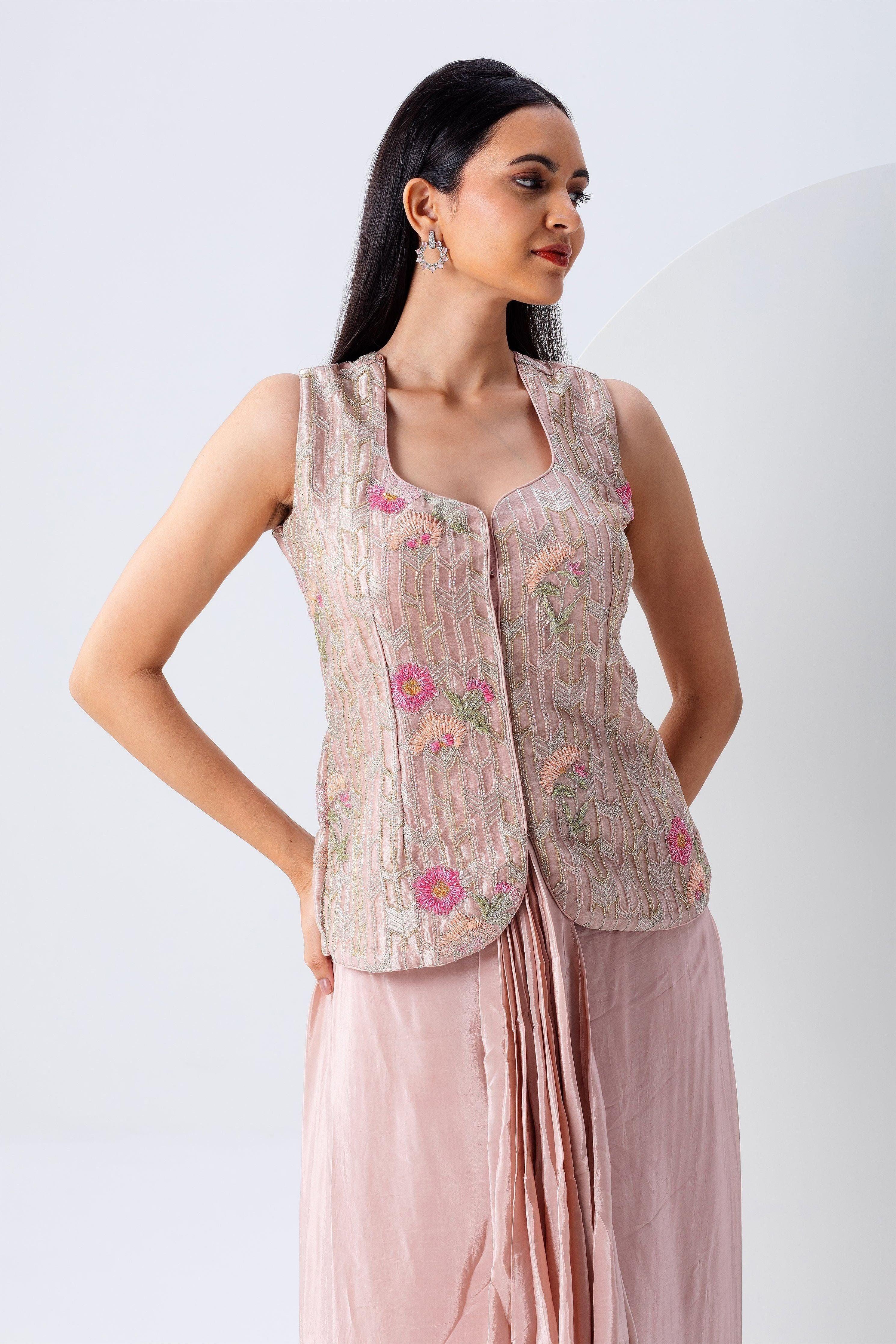 Blush Pink Embroidered Jacket Set With Dupatta - Mokshaa