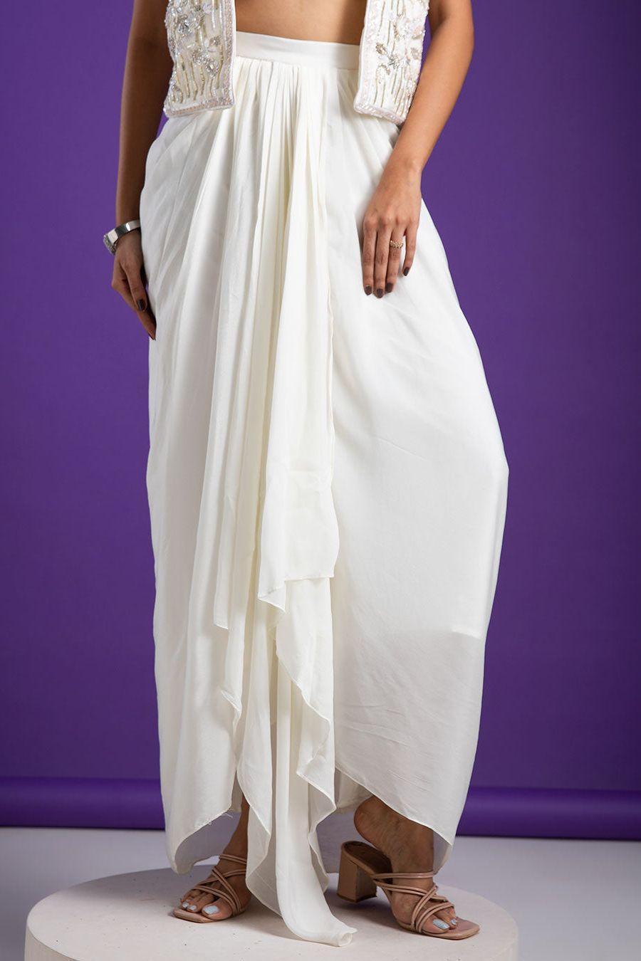 Chic White Draped Indo-Western with Embellished Jacket - Mokshaa